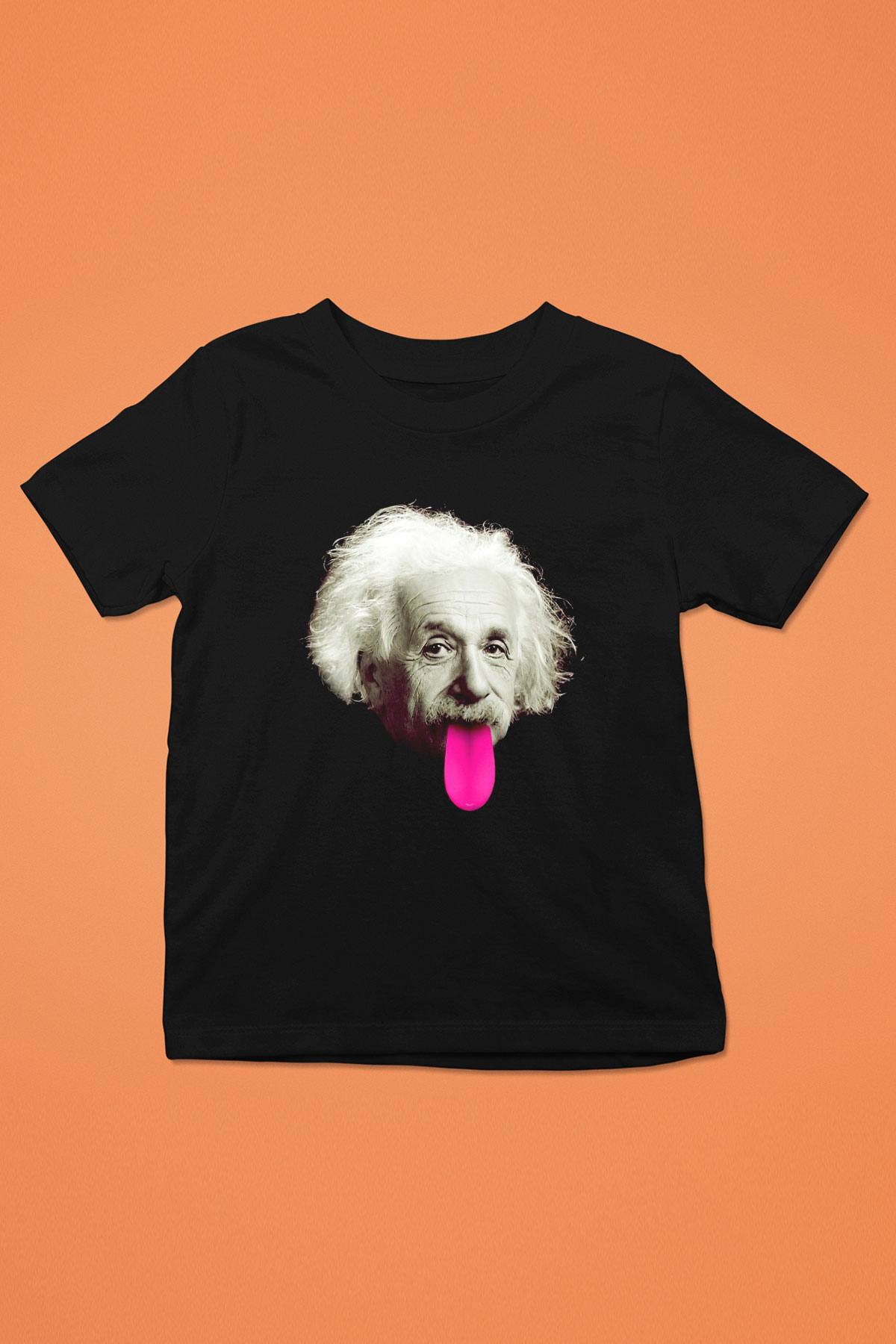 Albert Einstein Pembe Dil Baskılı Unisex Siyah Çocuk Tişört
