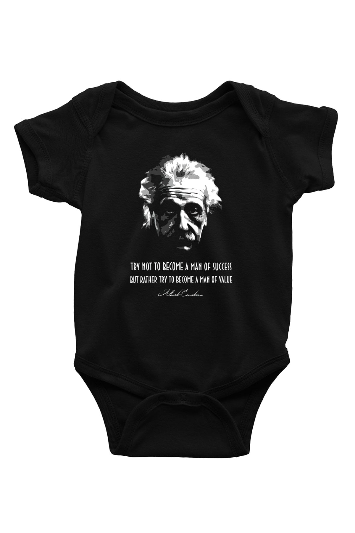 Albert Einstein Portre Lıntı Baskılı Unisex  Siyah Bebek Body - Zıbın