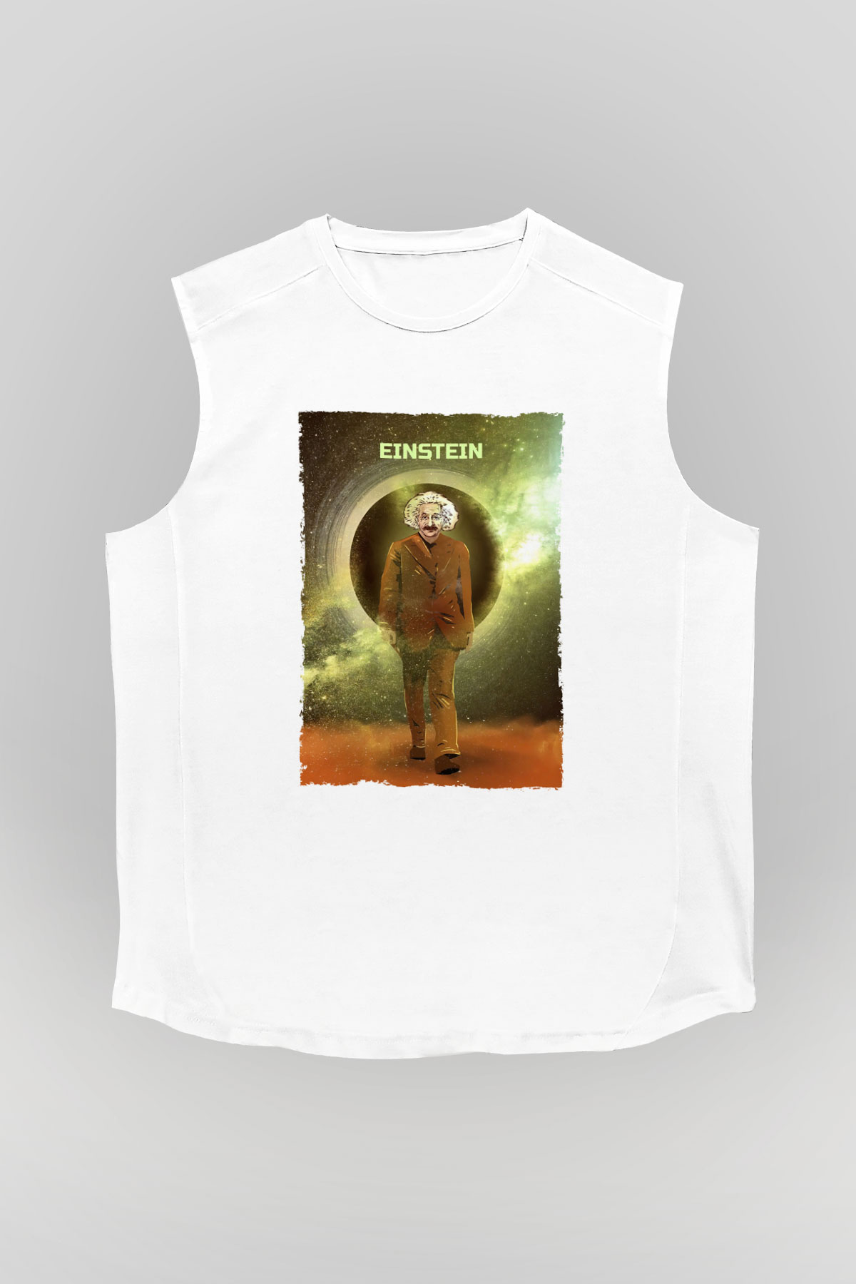 Albert Einstein Renkli Baskılı Unisex Kolsuz Beyaz Tişört - Tshirt