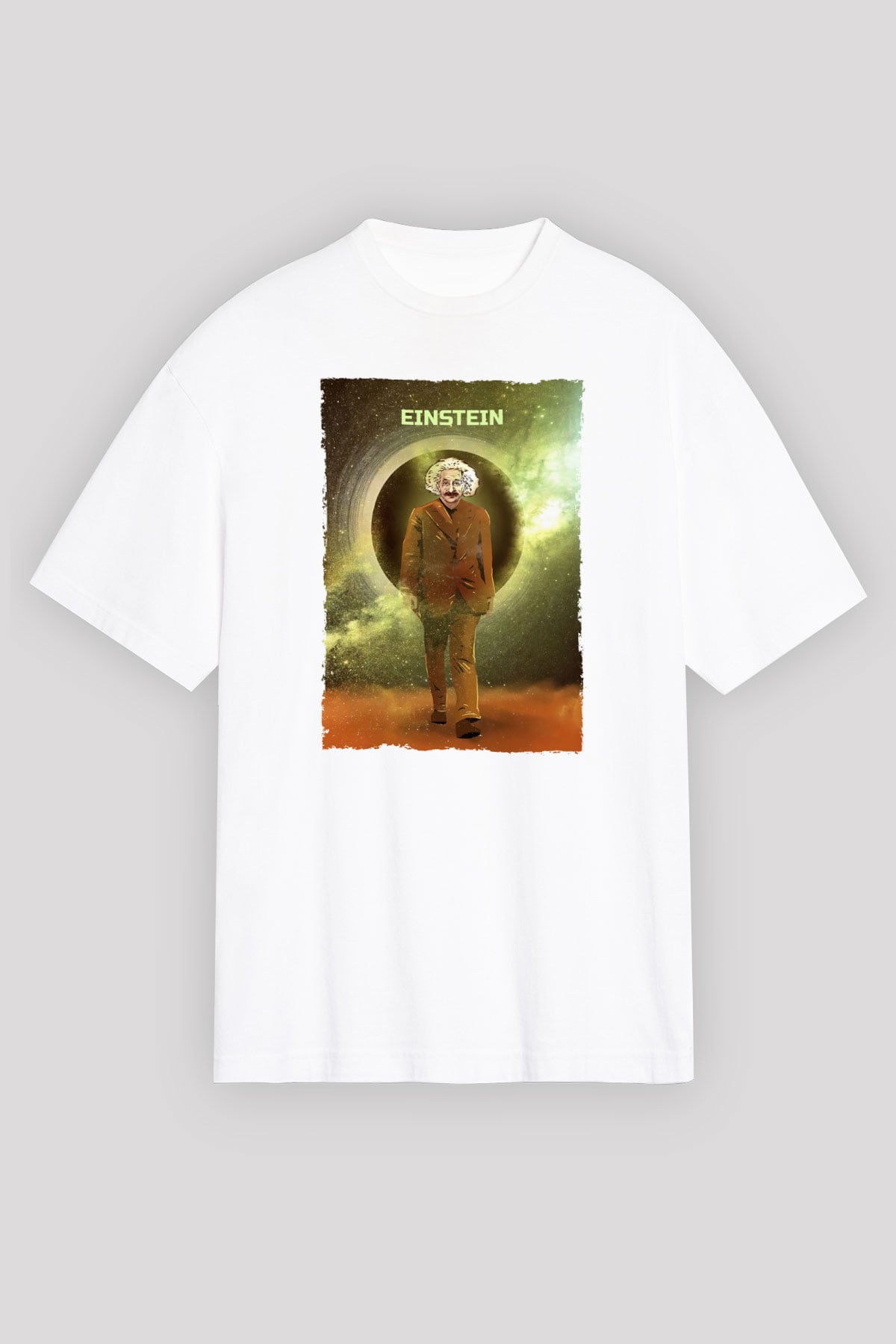 Albert Einstein Renkli Baskılı Unisex Oversize Beyaz Tişört - Tshirt