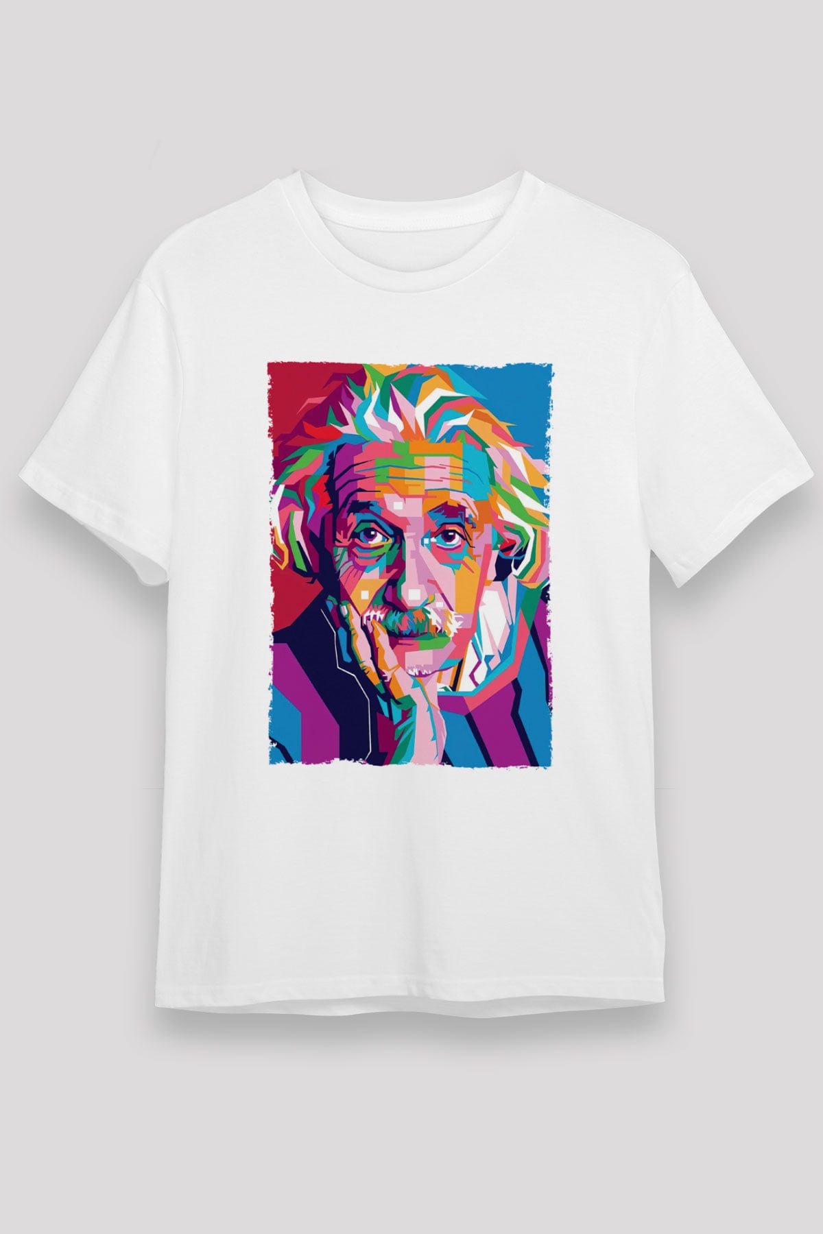 Albert Einstein Renkli Portre Baskılı Unisex Beyaz Tişört - Tshirt