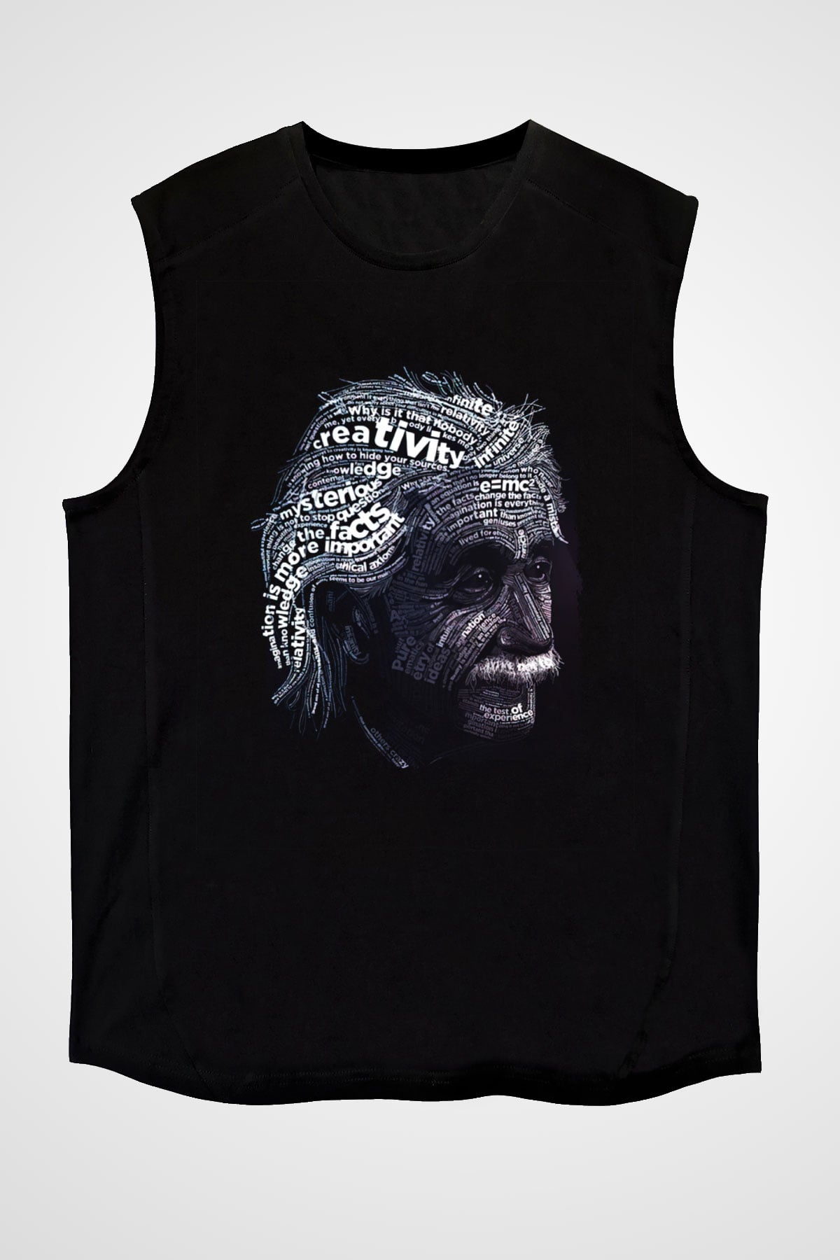 Albert Einstein Sanatsal Portre Baskılı Unisex Siyah Kolsuz Tişört