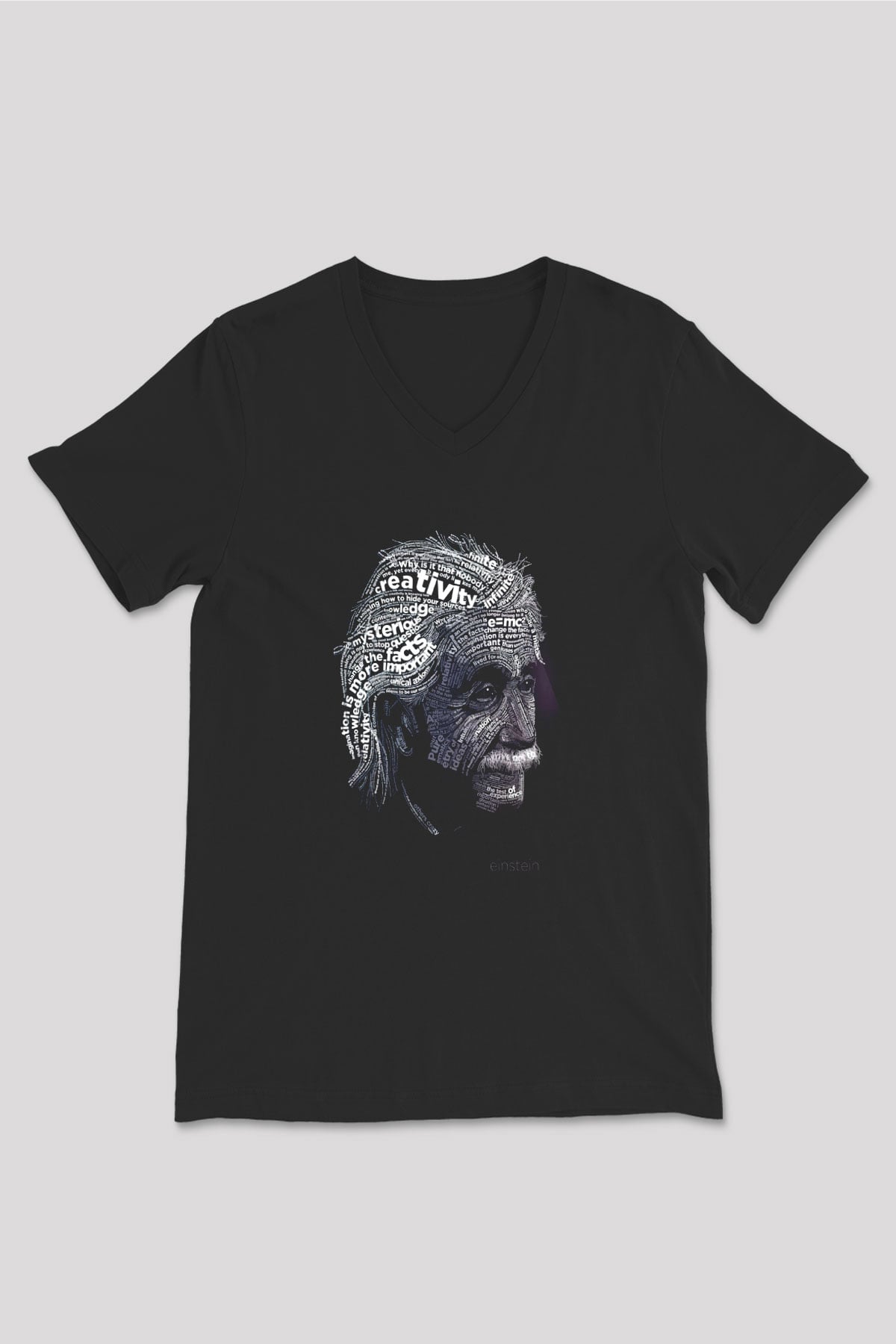 Albert Einstein Tipografi Baskılı Unisex V Yaka Siyah Tİşört - Tshirt