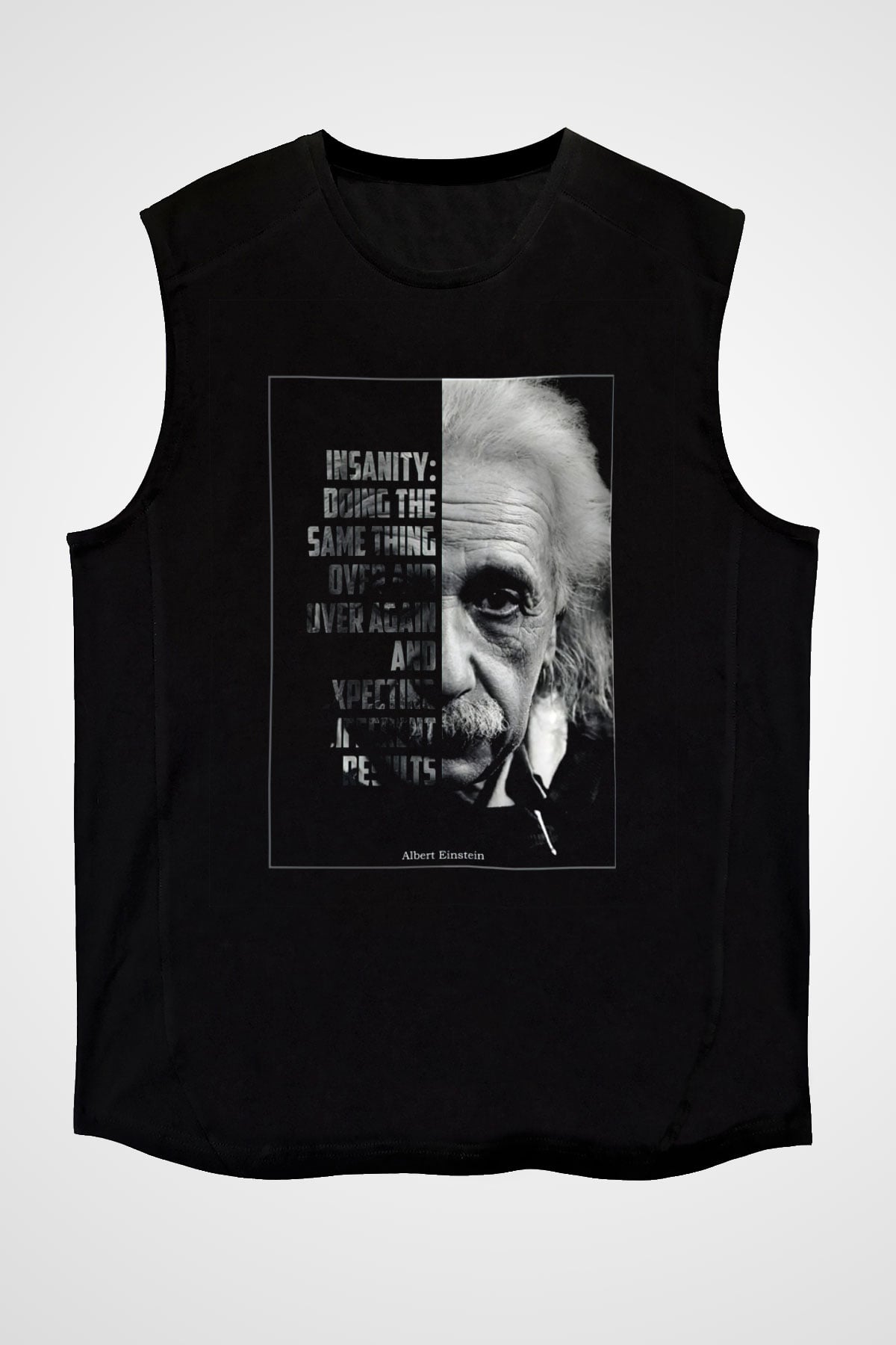 Albert Einstein Yarı Portre Baskılı Unisex Kolsuz Siyah Tişört - Tshirt