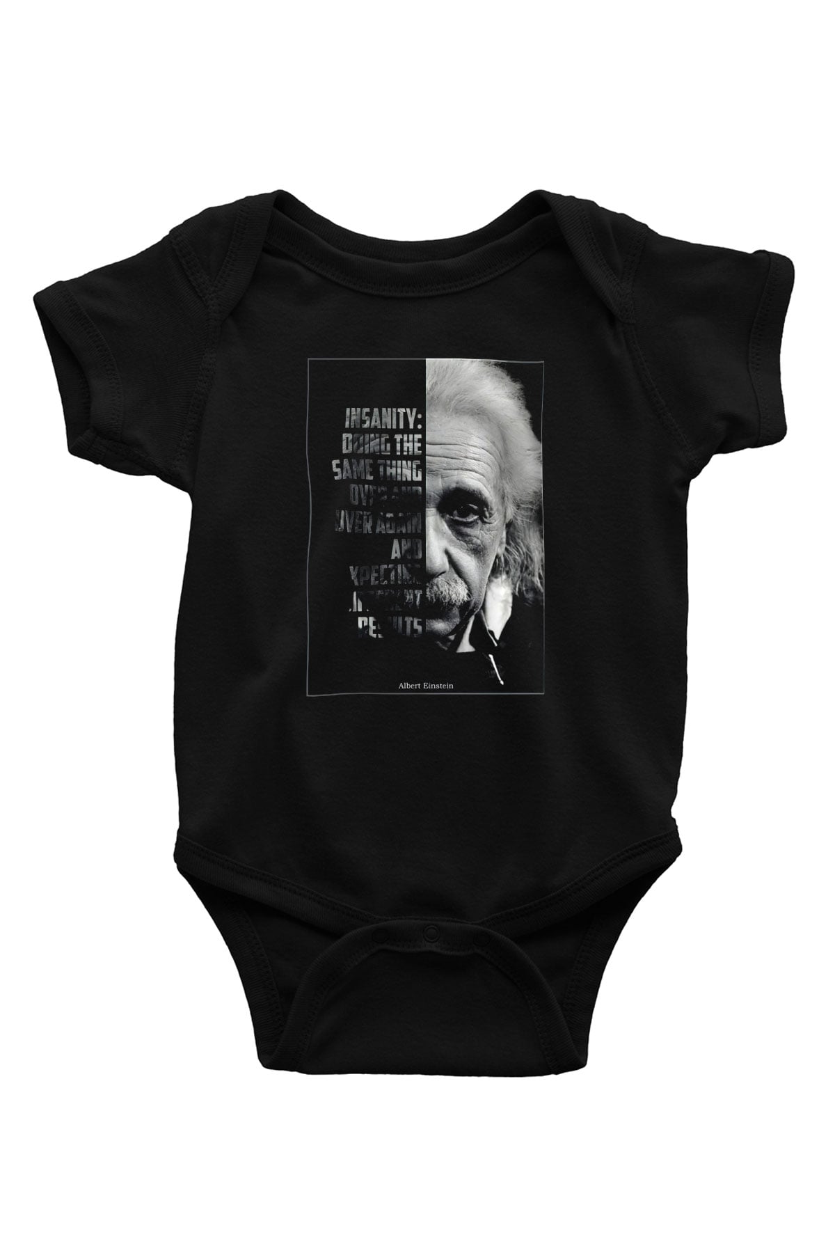 Albert Einstein Yarı Portre Baskılı Unisex  Siyah Bebek Body - Zıbın