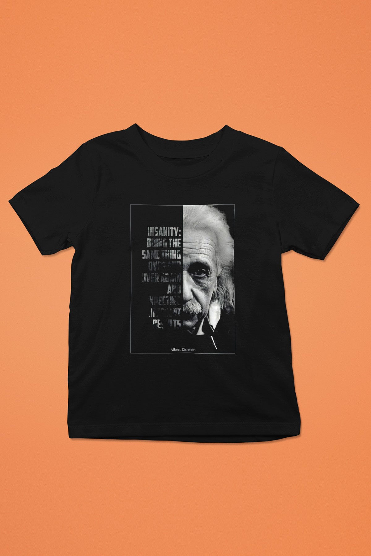Albert Einstein Yarı Portre Baskılı Unisex Siyah Çocuk Tişörtü - Tshirt