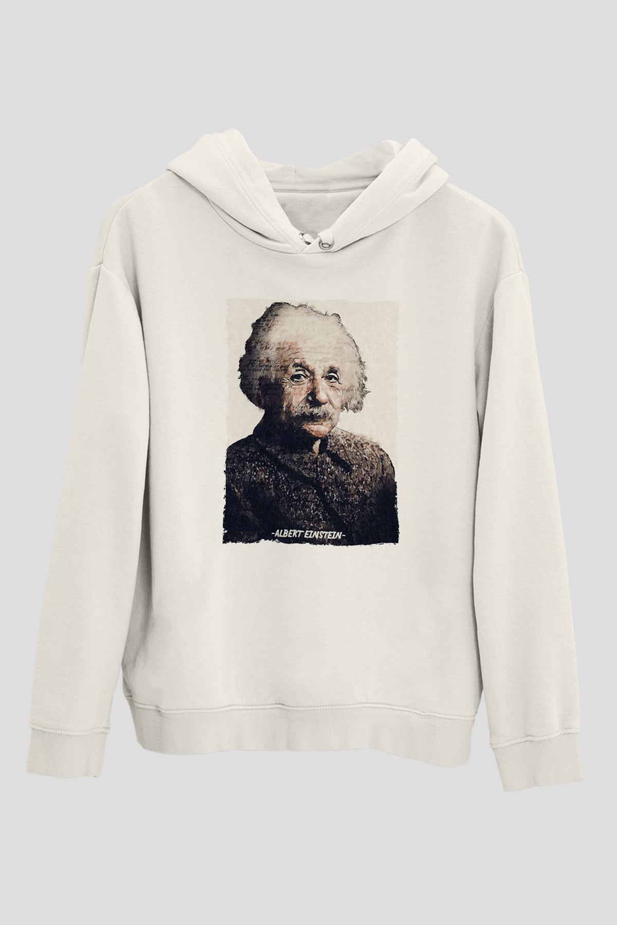 Albert Einstein Yazılı Portre Baskılı Unisex Ekru Hoodie
