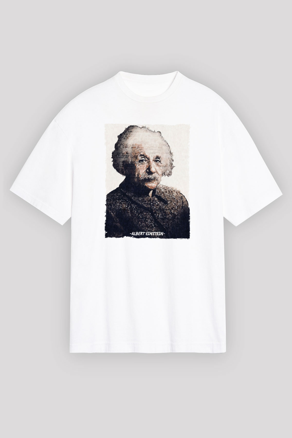 Albert Einstein Yazılı Portre Baskılı Unisex Oversize Beyaz Tişört - Tshirt