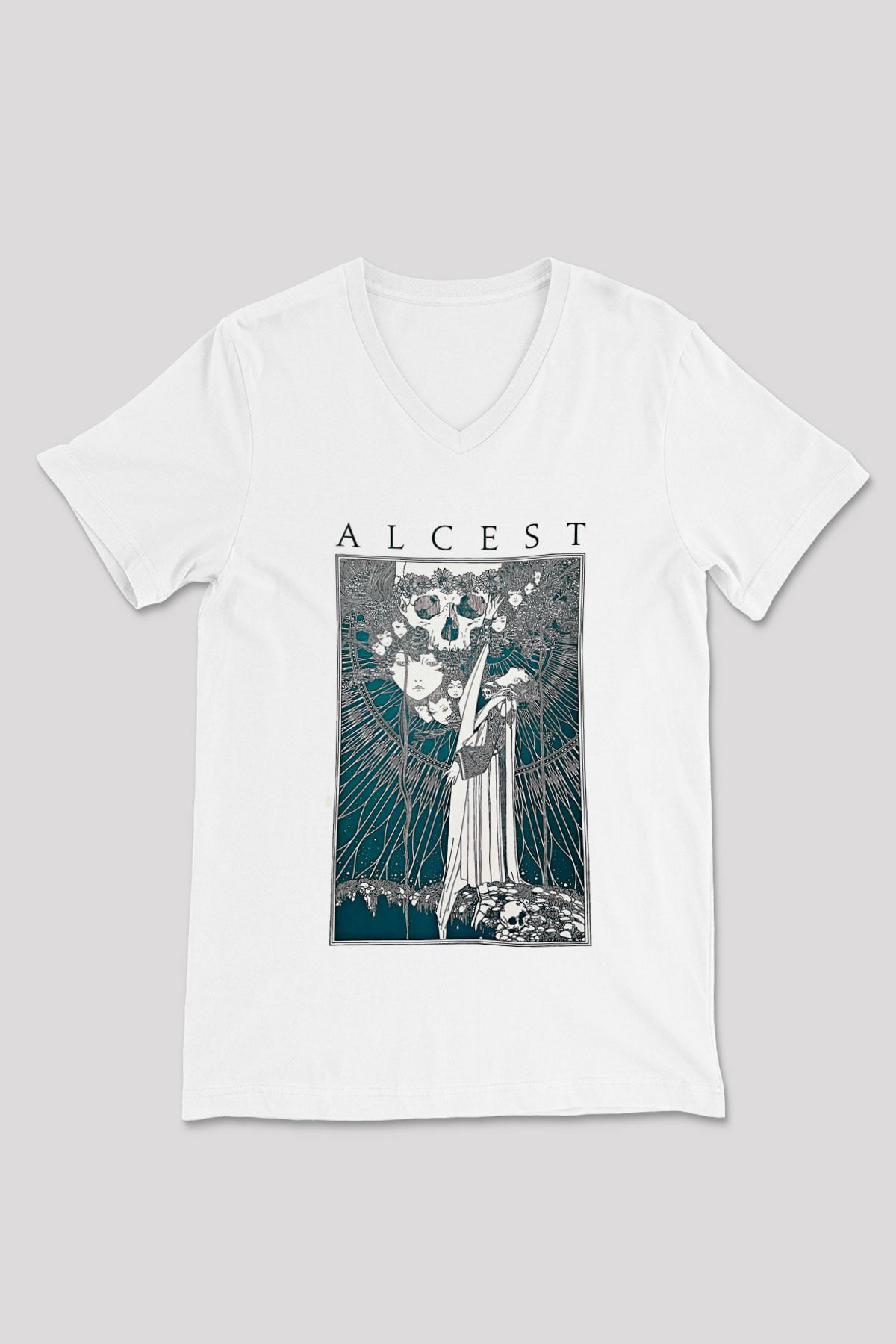Alcest Baskılı Beyaz Unisex V Yaka Tişört - Tshirt