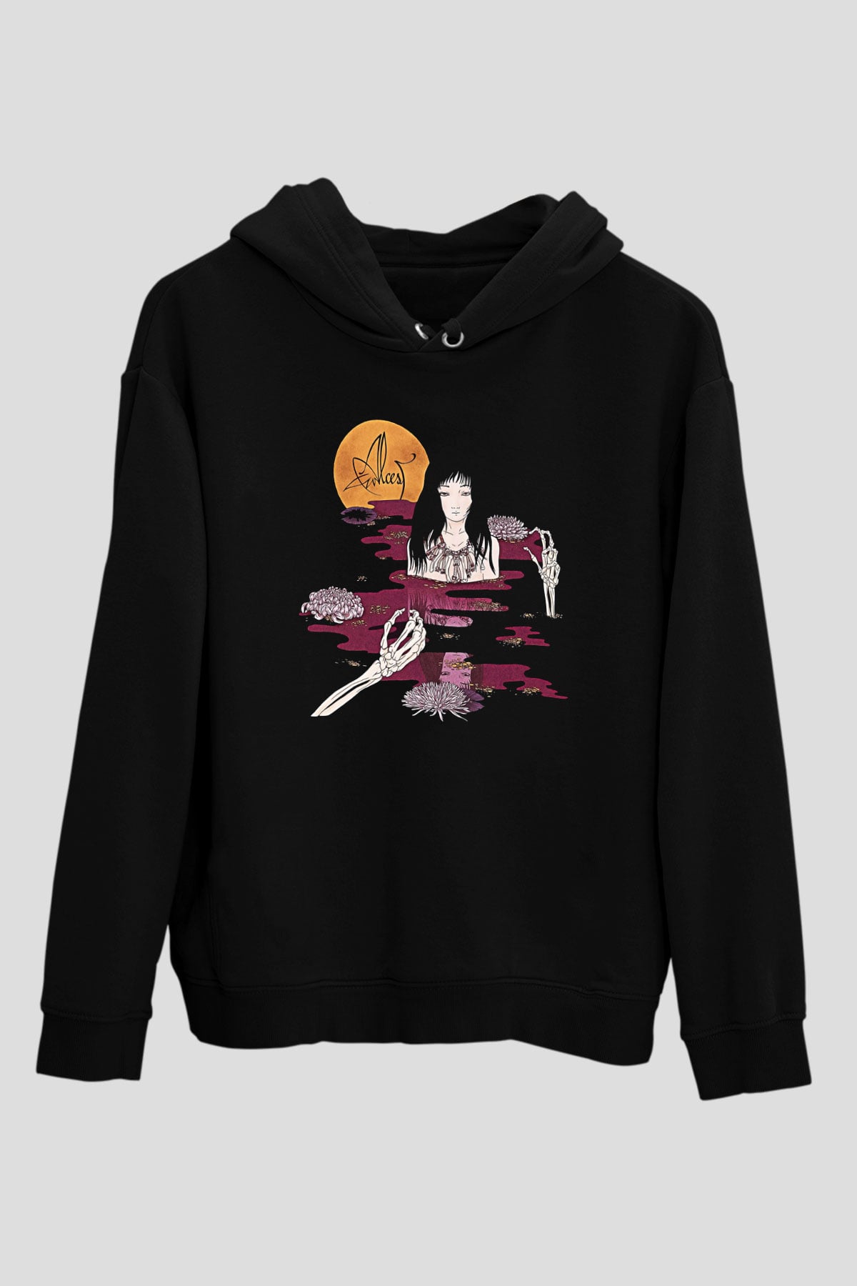 Alcest Baskılı Unisex Siyah Kapüşonlu Sweatshirt