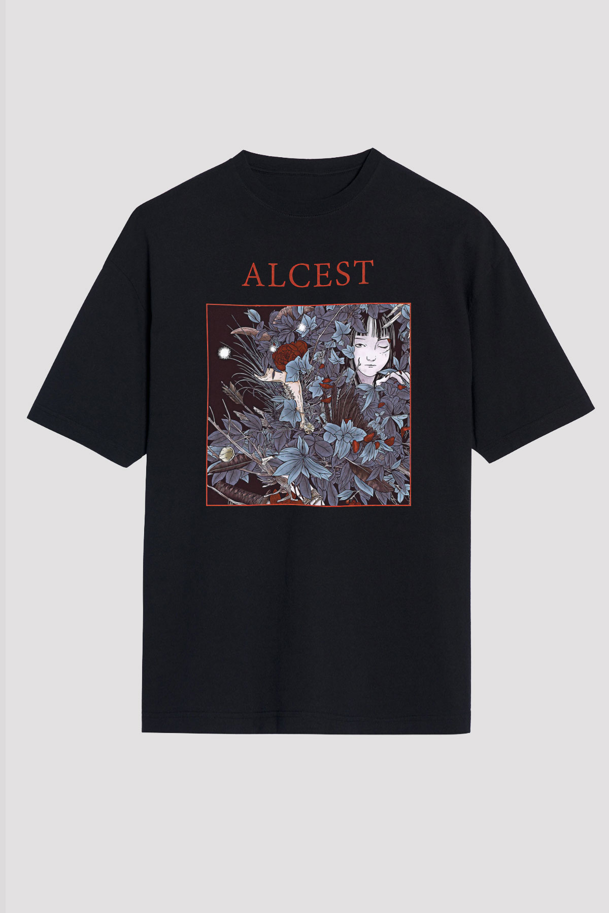 Alcest Baskılı Unisex Siyah Oversize Tişört - Tshirt