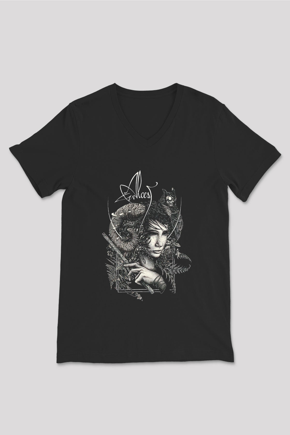 Alcest Baskılı Unisex Siyah V Yaka Tişört - Tshirt