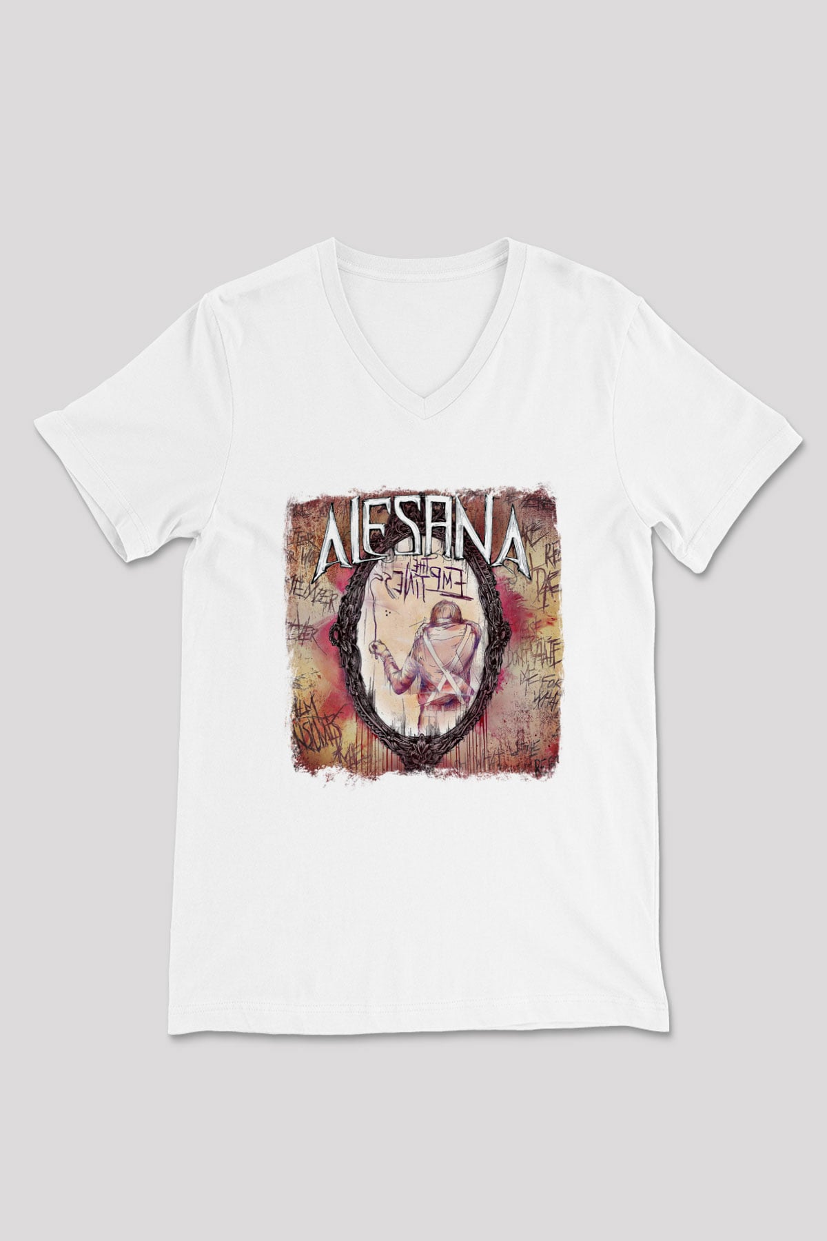 Alesana Baskılı Unisex Beyaz V Yaka Tişört