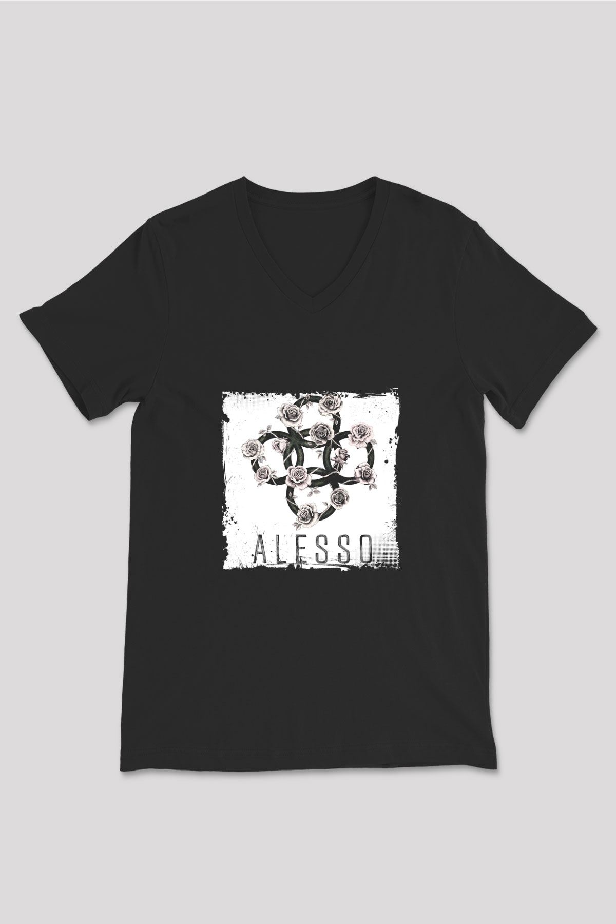 Alesso Baskılı Unisex Siyah V Yaka Tişört