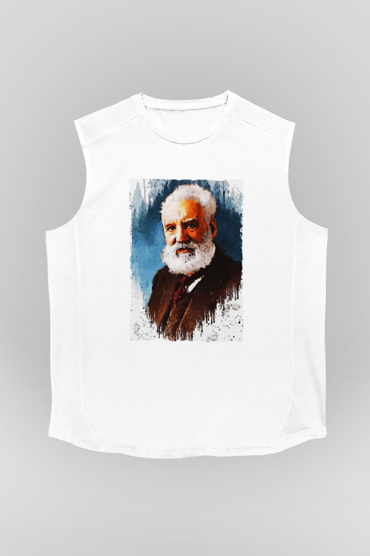 Alexander Graham Bell Baskılı Unisex Kolsuz Beyaz Tişört - Tshirt