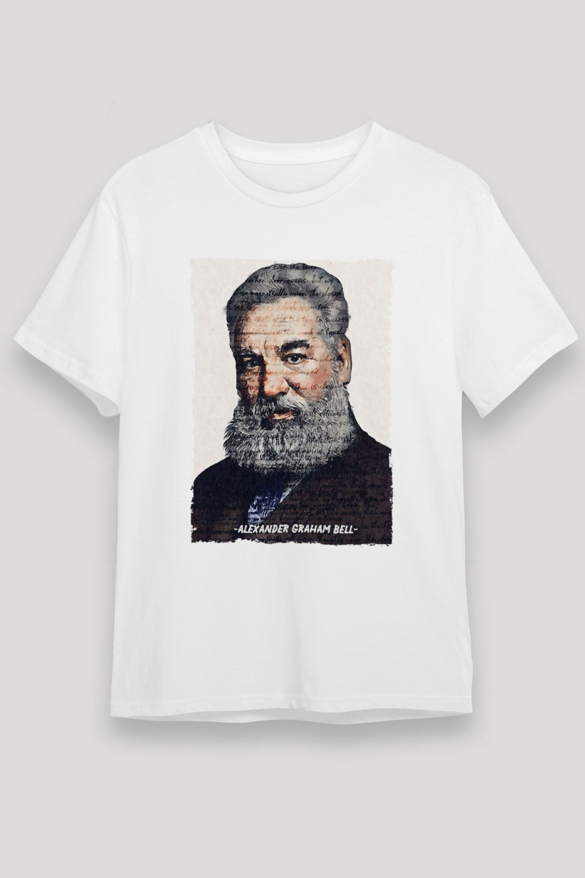 Alexander Graham Bell Yazılı Portre Baskılı Unisex Beyaz Tişört - Tshirt