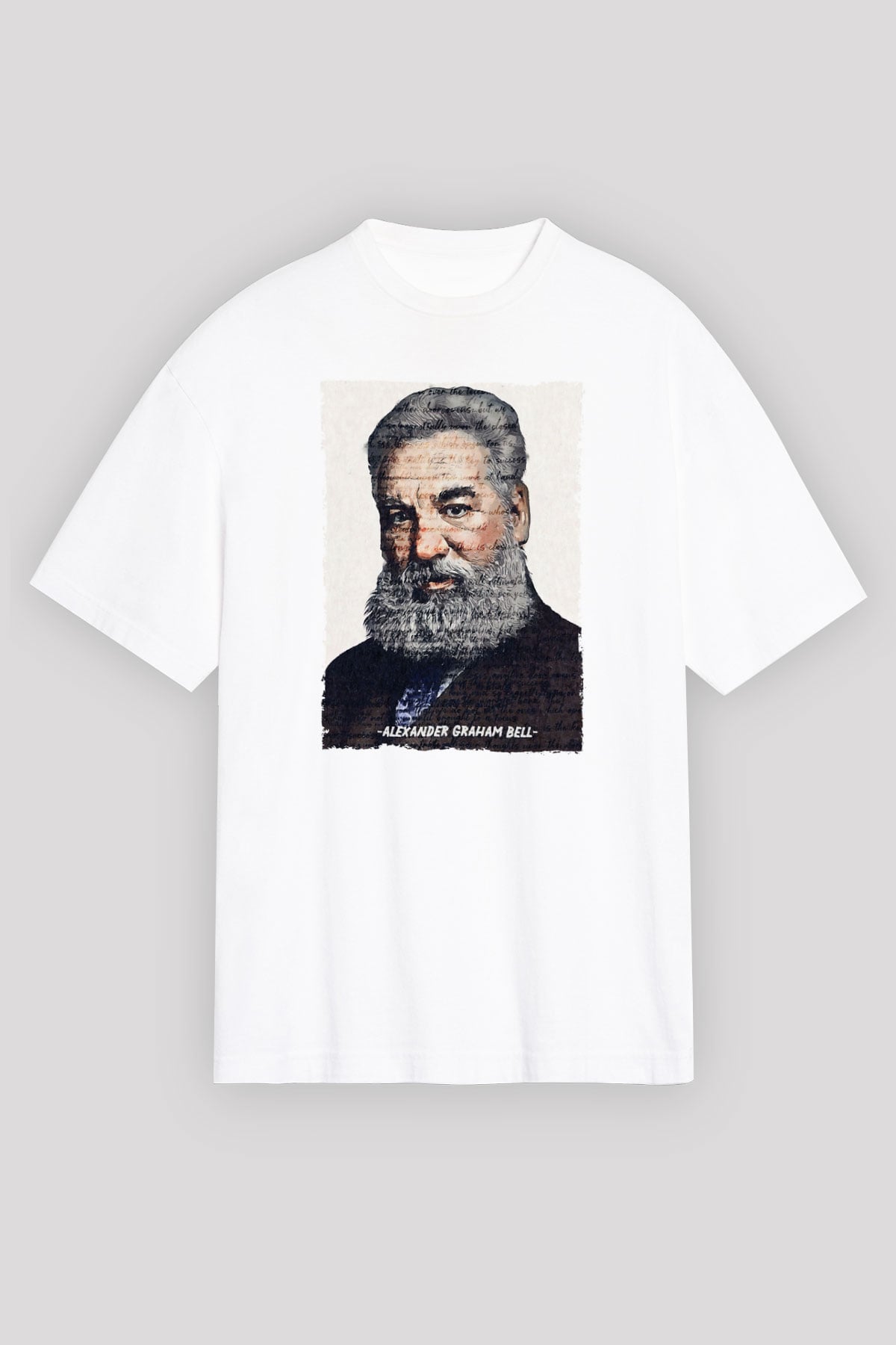Alexander Graham Bell Yazılı Portre Baskılı Unisex Oversize Beyaz Tişört - Tshirt