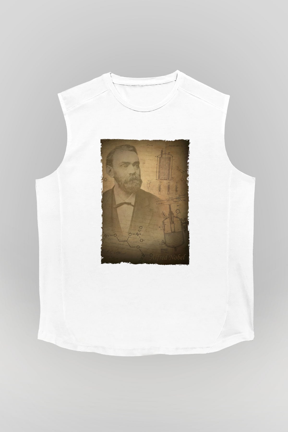 Alfred Nobel Baskılı Unisex Kolsuz Beyaz Tişört - Tshirt