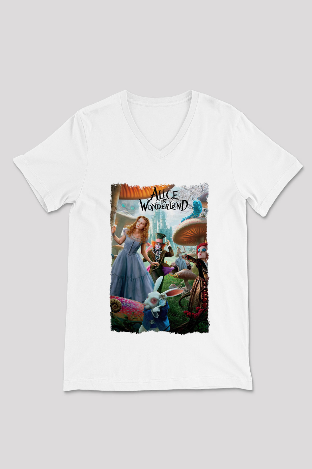 Alice in Wonderland Beyaz Unisex V Yaka Tişört