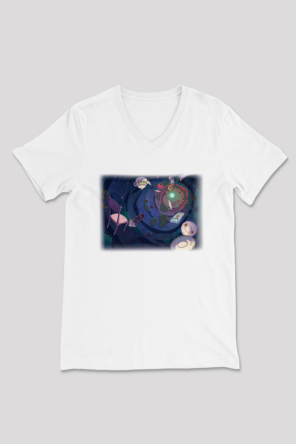 Alice in Wonderland Beyaz Unisex V Yaka Tişört T-Shirt