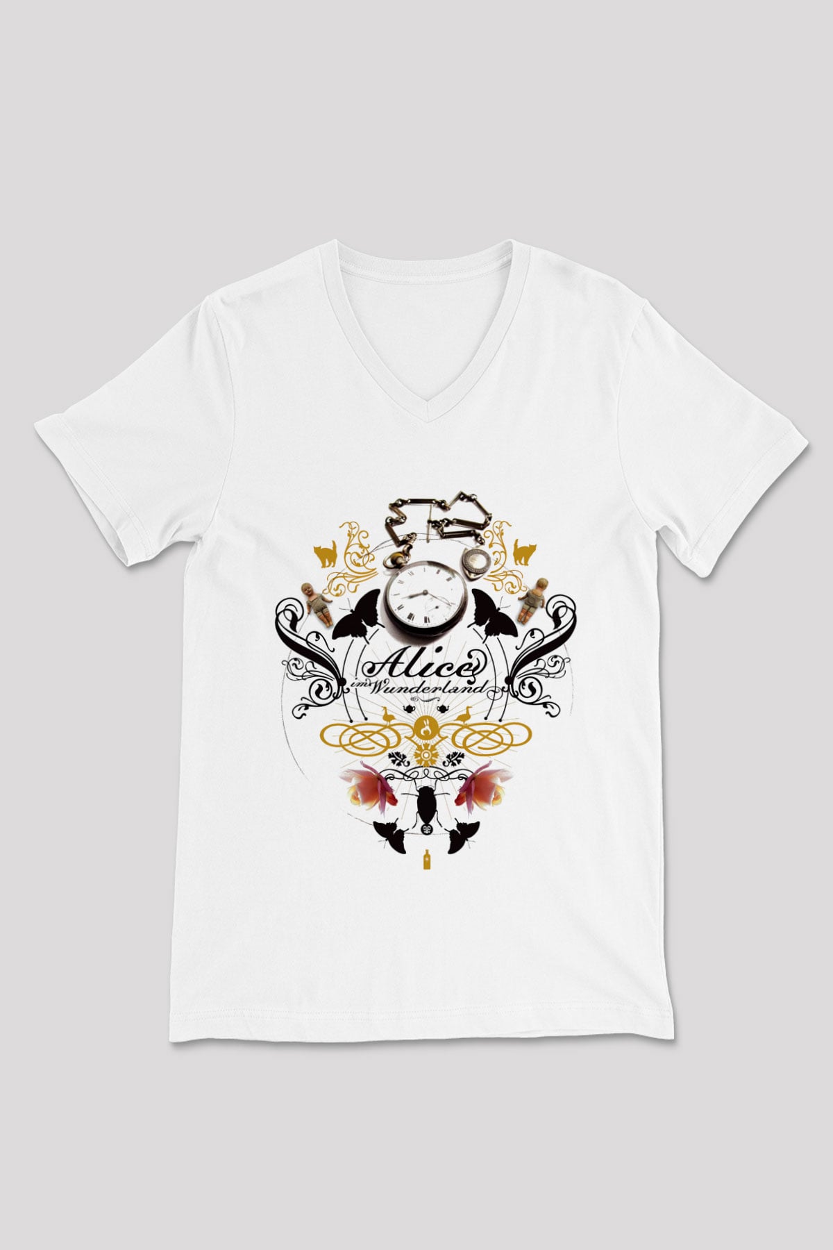 Alice in Wonderland Beyaz Unisex V Yaka Tişört T-Shirt