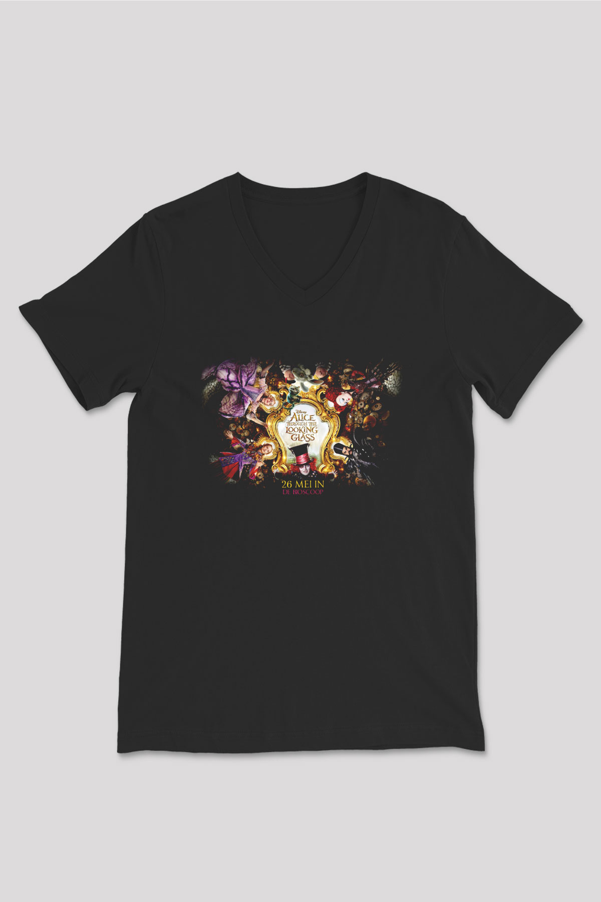 Alice in Wonderland Siyah Unisex V Yaka Tişört