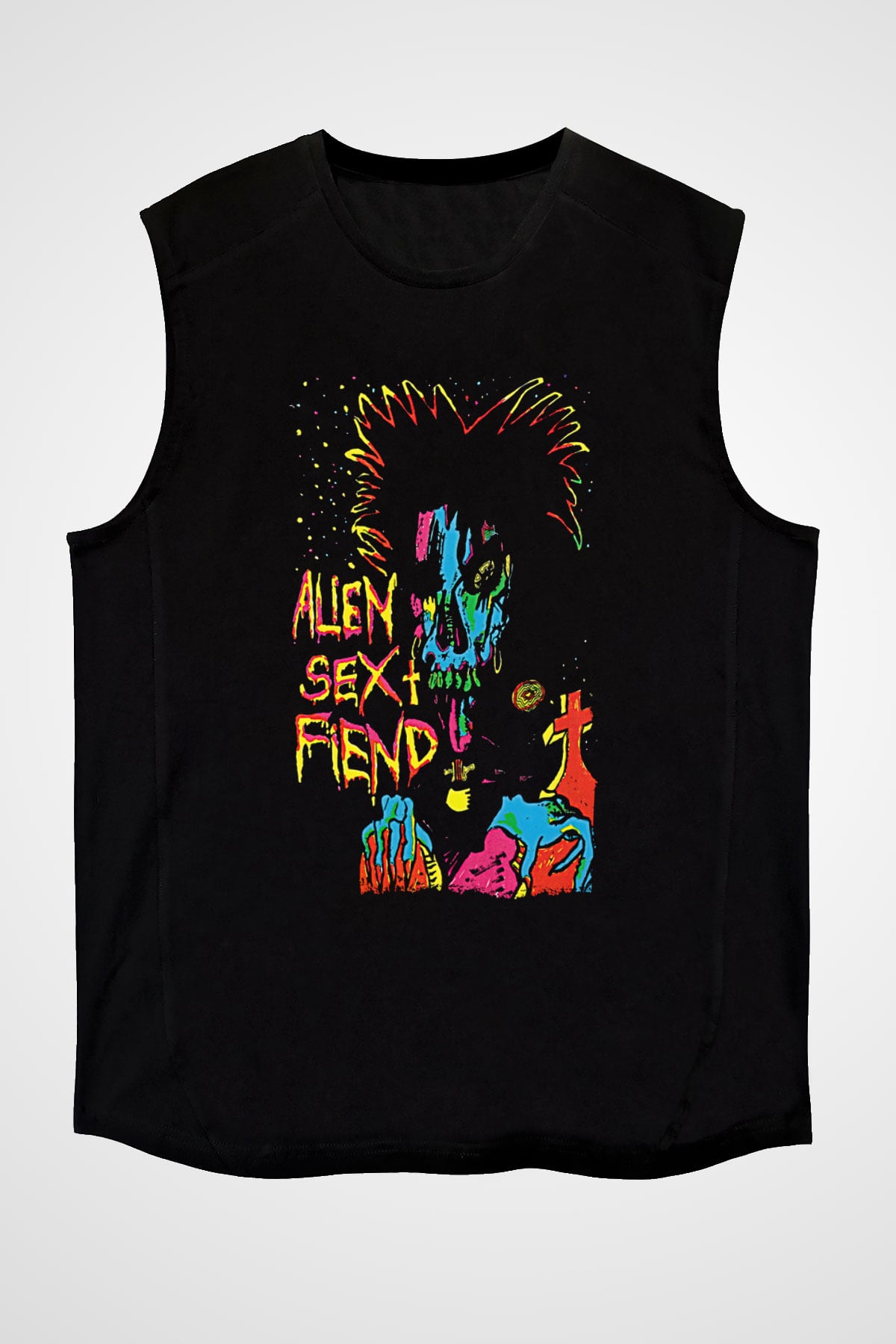 Alien Sex Fiend Baskılı Unisex Siyah Kolsuz Tişört - Tshirt