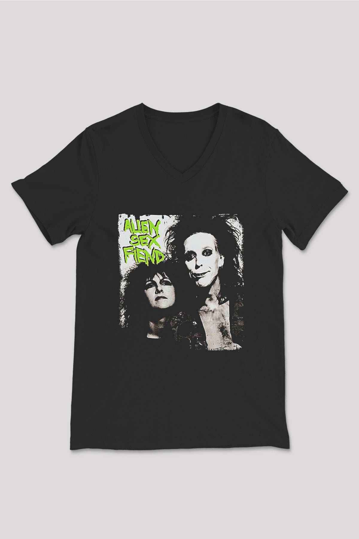 Alien Sex Fiend Baskılı Unisex Siyah V Yaka Tişört - Tshirt
