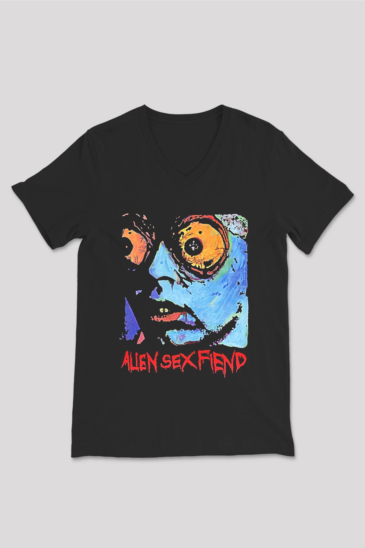 Alien Sex Fiend Baskılı Unisex Siyah V Yaka Tişört - Tshirt