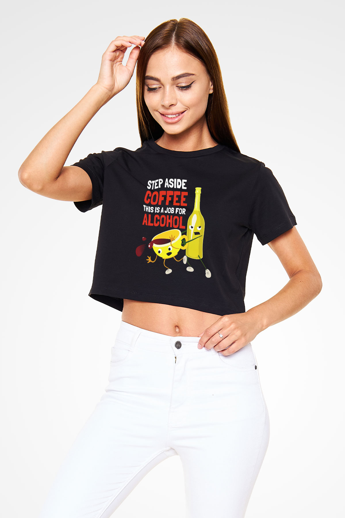 Alkol Siyah Crop Top Tişört