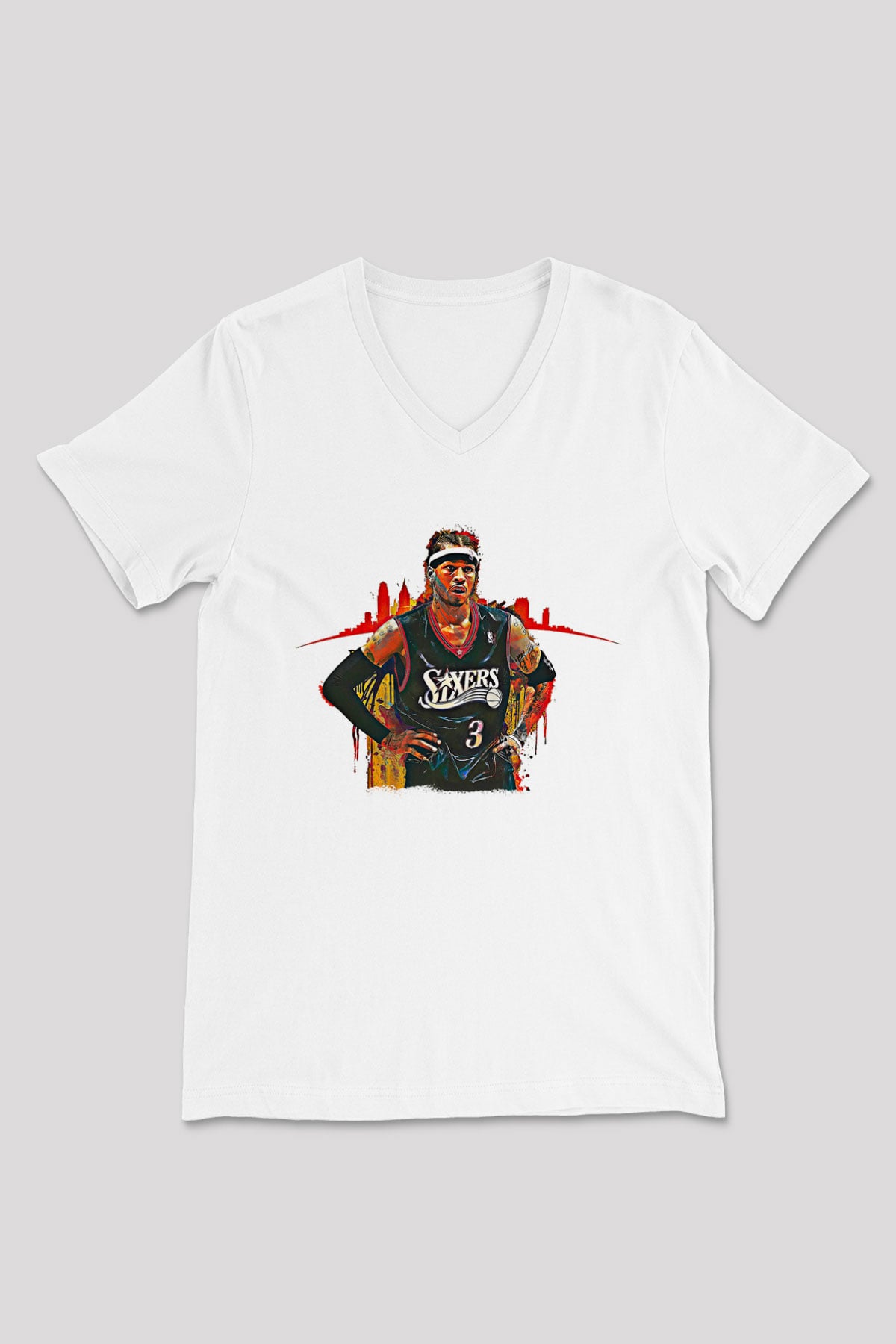 Allen Iverson Baskılı Beyaz Unisex V Yaka Tişört - Tshirt