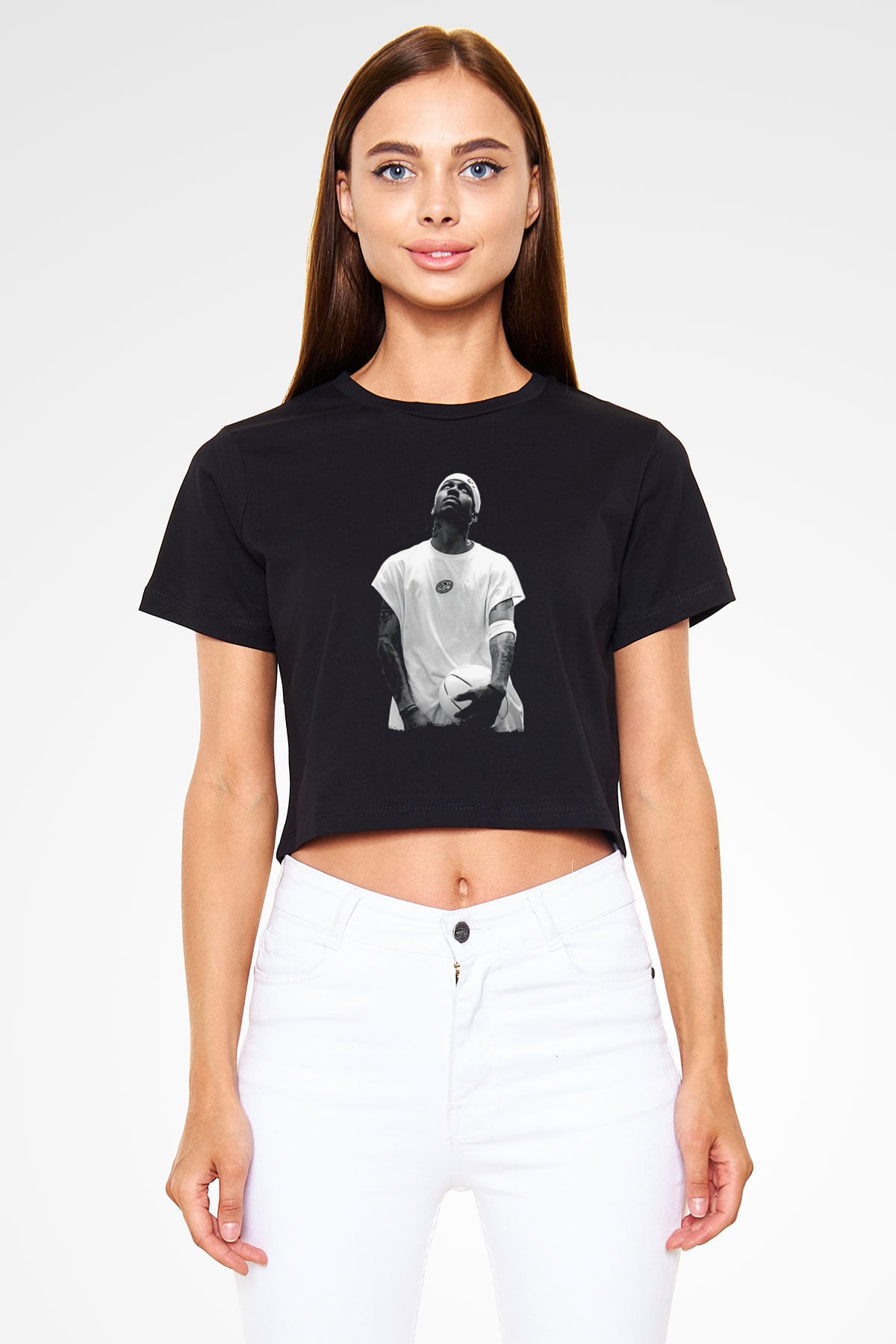 Allen Iverson Baskılı Siyah Crop Top Kadın Tişört - Tshirt