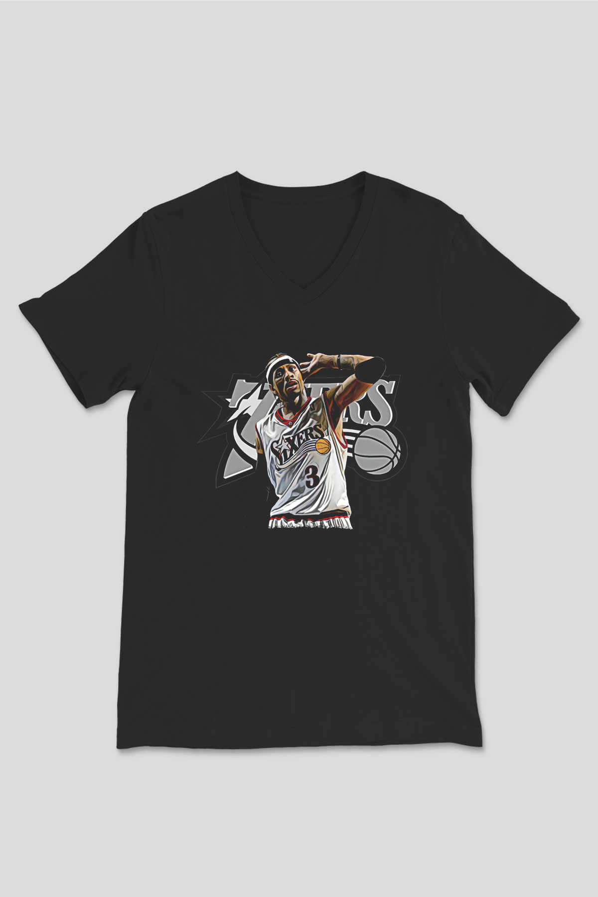 Allen Iverson Baskılı Unisex Siyah V Yaka Tişört - Tshirt
