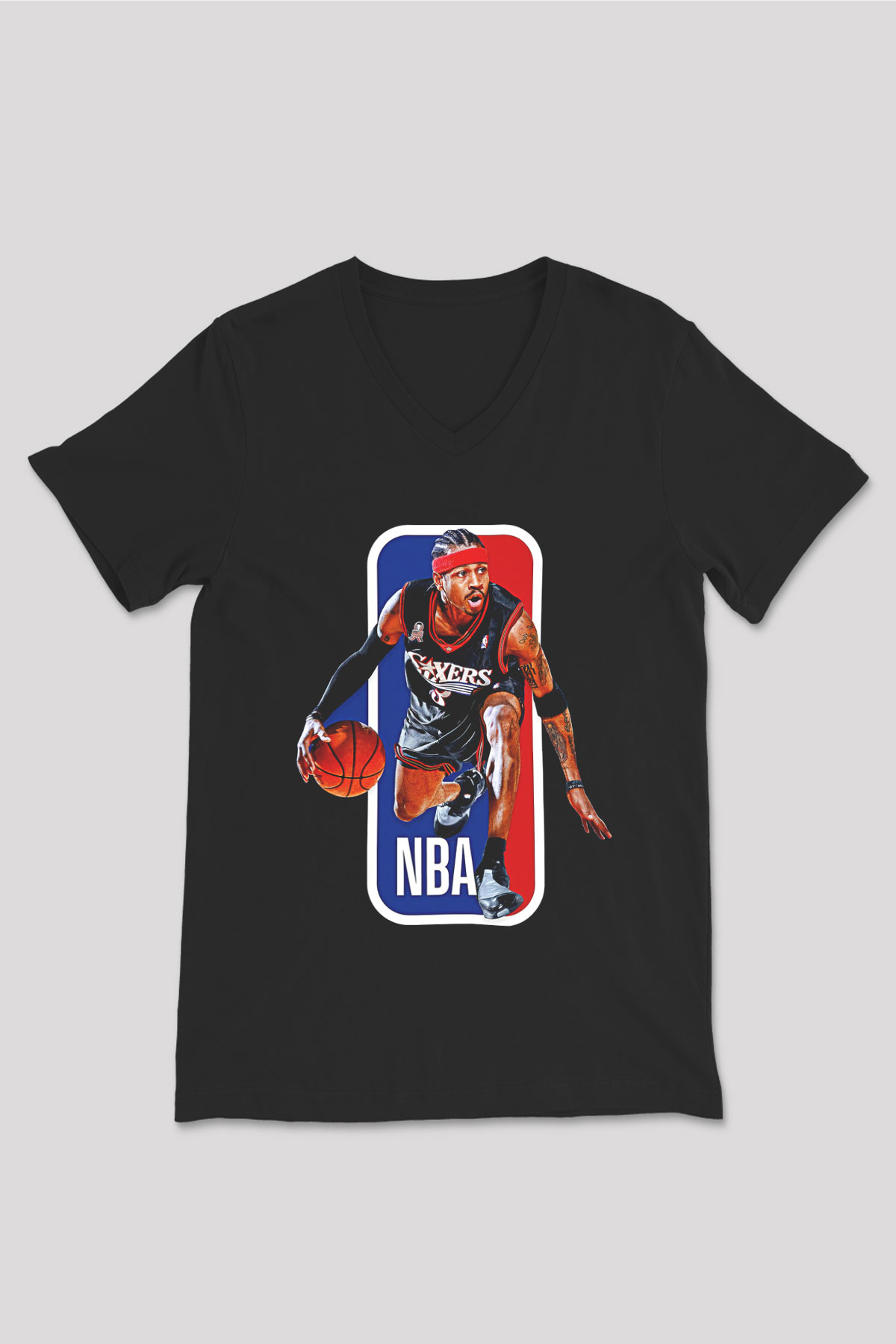 Allen Iverson Baskılı Unisex Siyah V Yaka Tişört - Tshirt