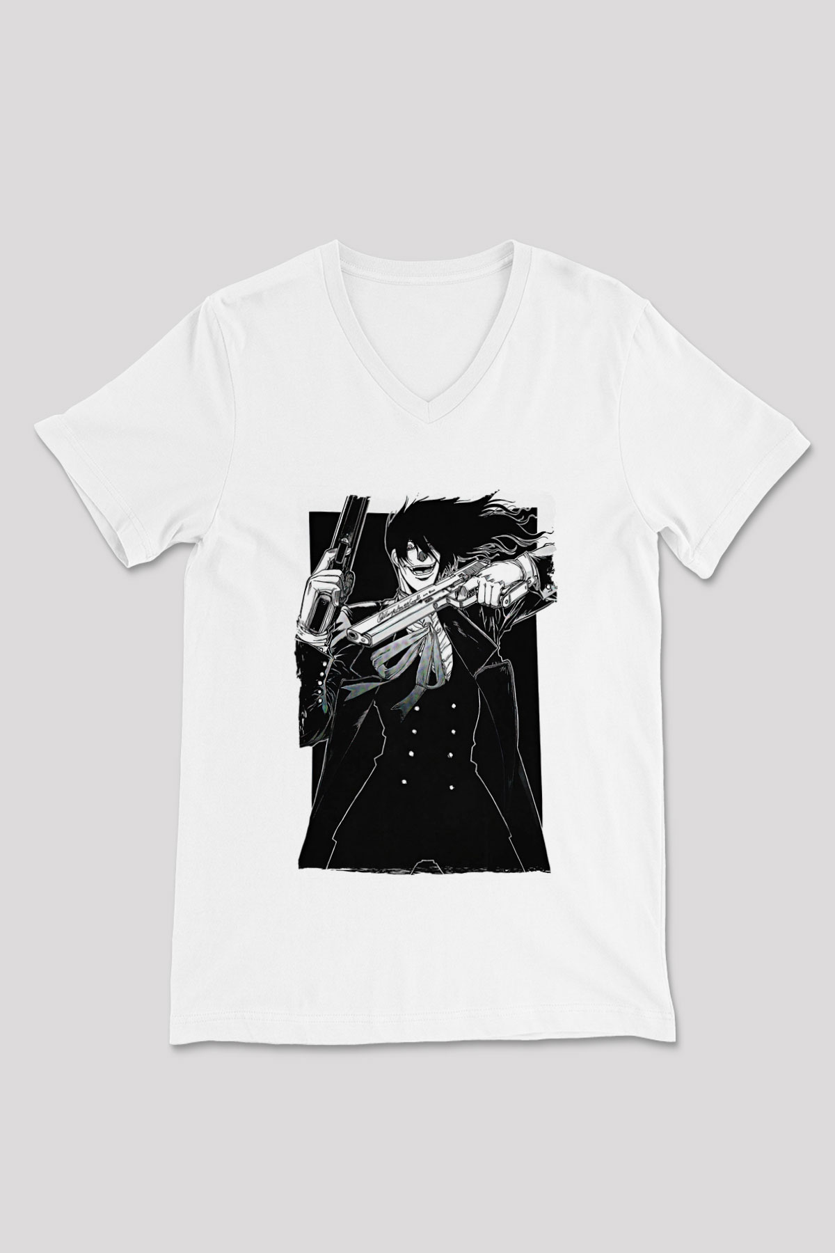 Alucard Baskılı Beyaz Unisex V Yaka Tişört - Tshirt