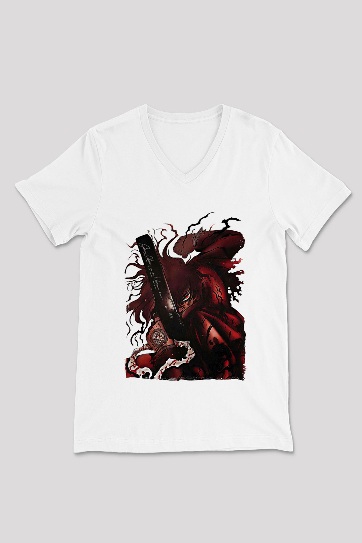 Alucard Baskılı Beyaz Unisex V Yaka Tişört - Tshirt