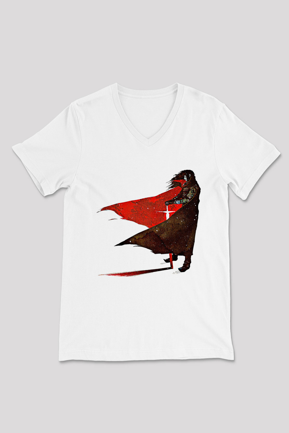 Alucard Baskılı Beyaz Unisex V Yaka Tişört - Tshirt