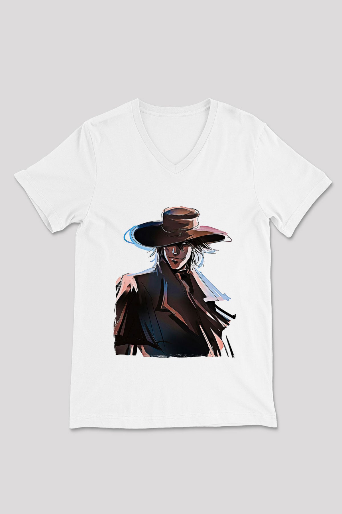 Alucard Baskılı Beyaz Unisex V Yaka Tişört - Tshirt
