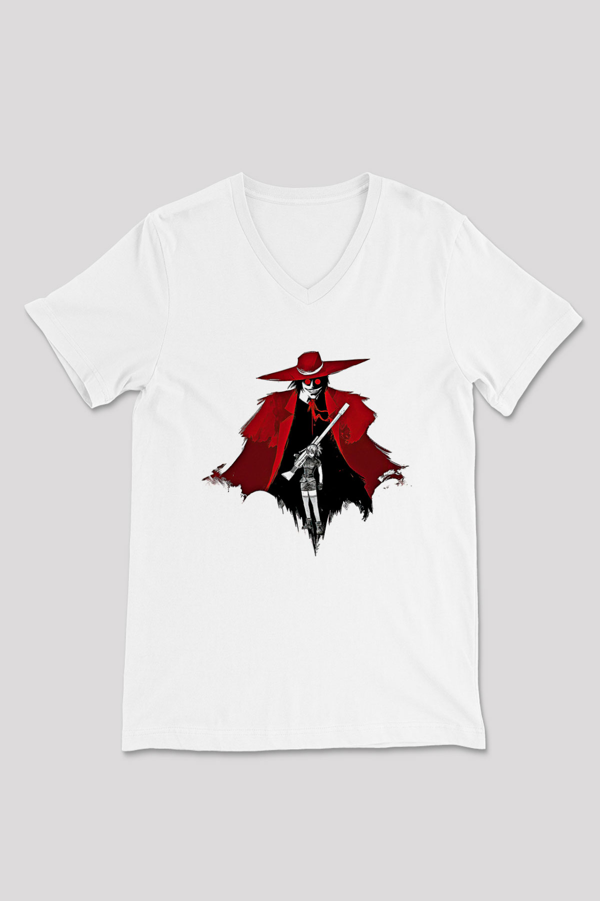 Alucard Baskılı Beyaz Unisex V Yaka Tişört - Tshirt