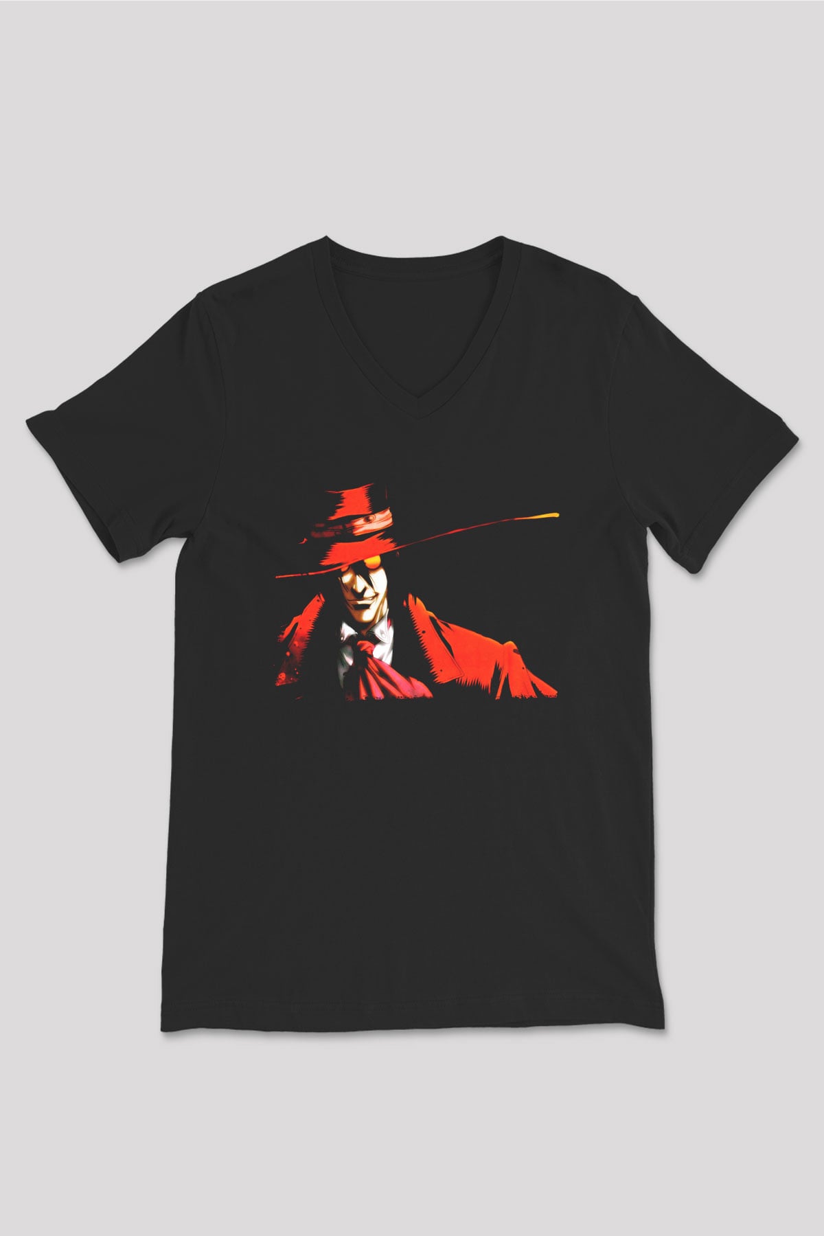 Alucard Baskılı Unisex Siyah V Yaka Tişört - Tshirt