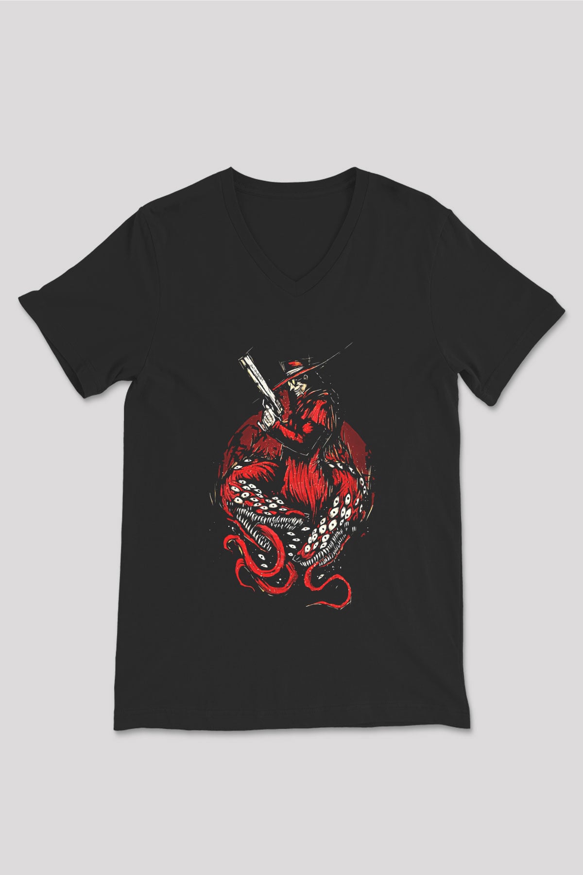 Alucard Baskılı Unisex Siyah V Yaka Tişört - Tshirt