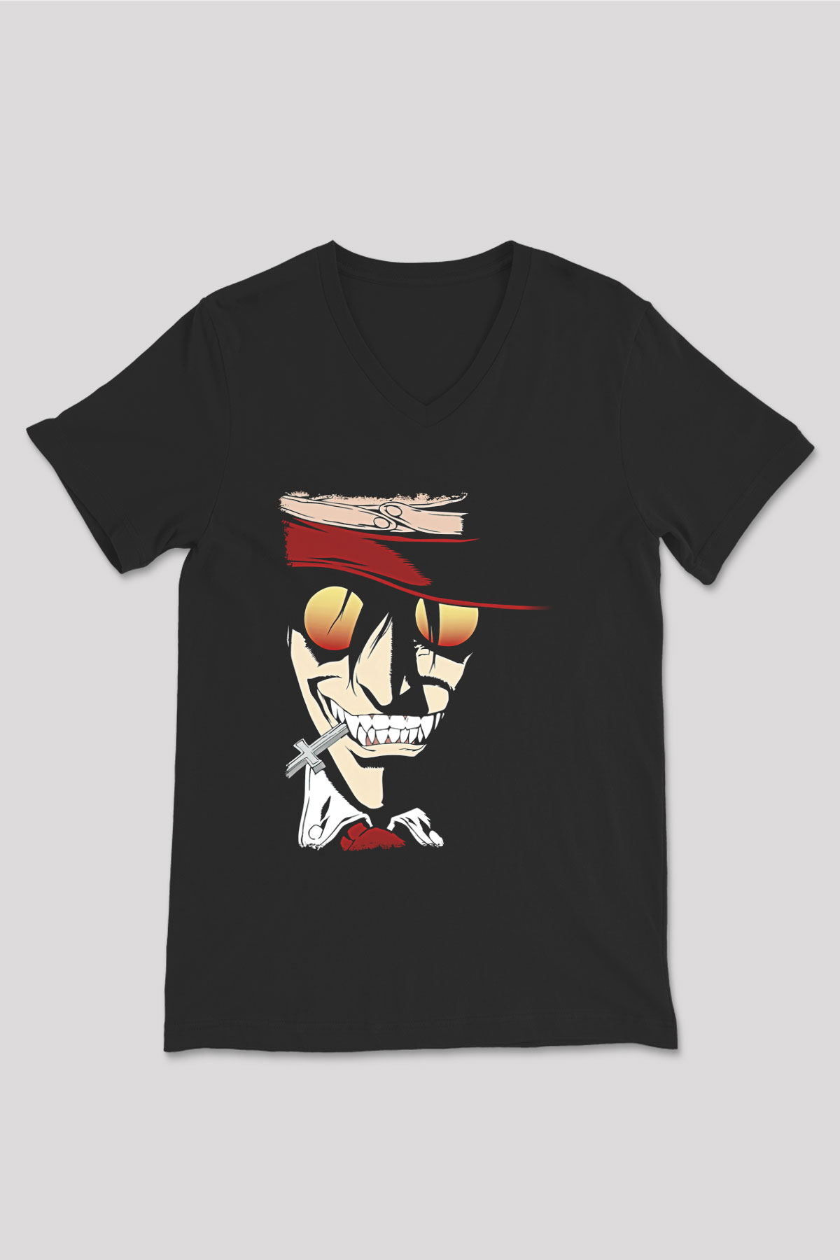 Alucard Baskılı Unisex Siyah V Yaka Tişört - Tshirt