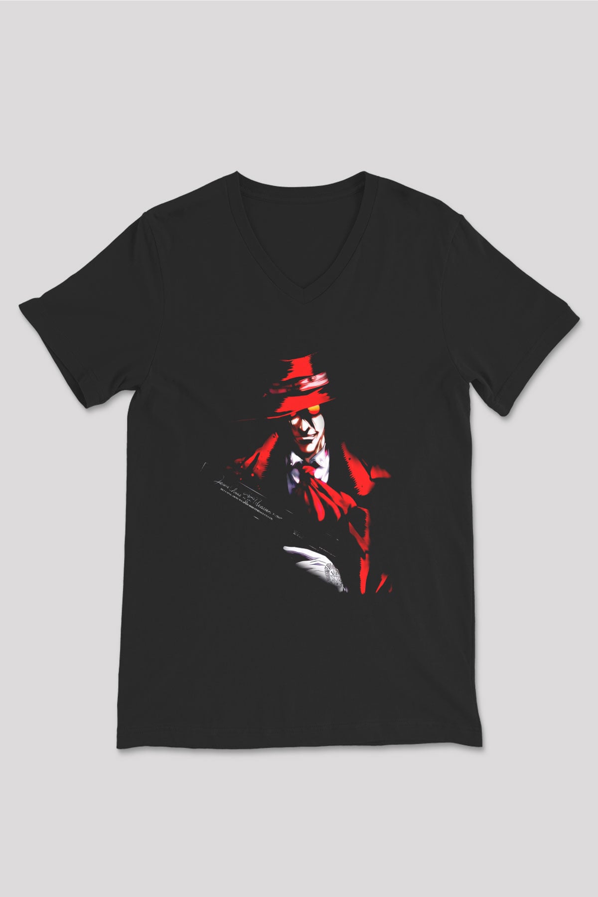 Alucard Baskılı Unisex Siyah V Yaka Tişört - Tshirt