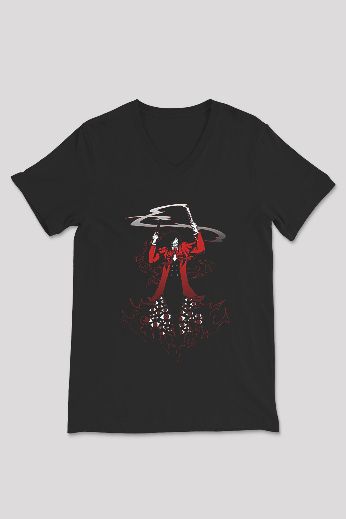 Alucard Baskılı Unisex Siyah V Yaka Tişört - Tshirt