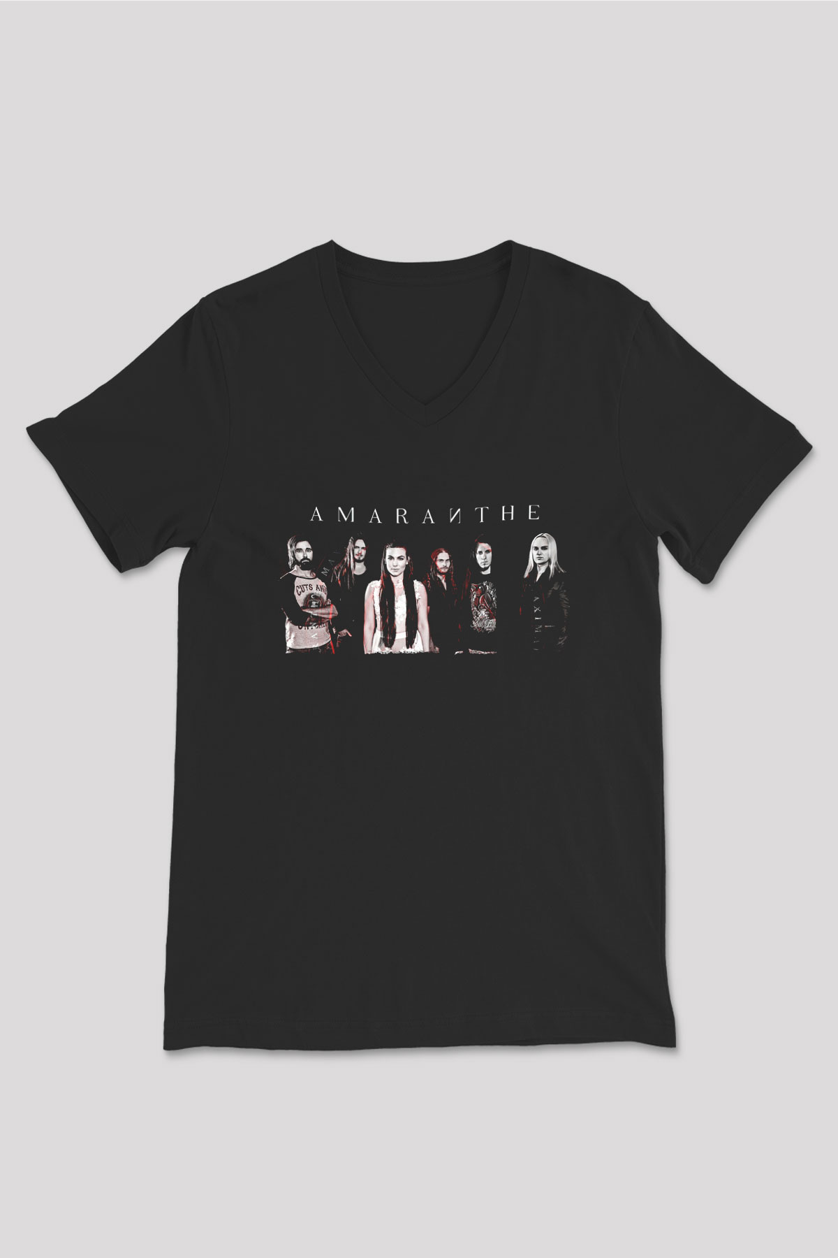 Amaranthe Baskılı Unisex Siyah V Yaka Tişört - Tshirt