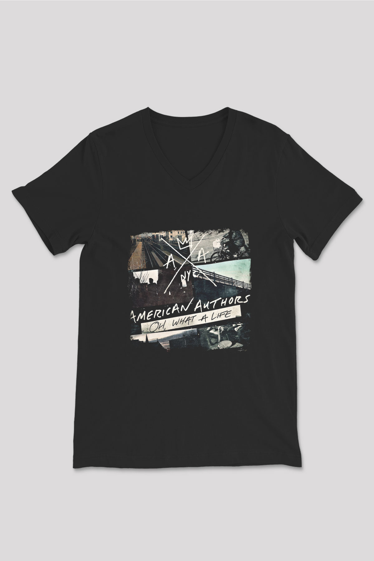 American Authors Baskılı Unisex Siyah V Yaka Tişört