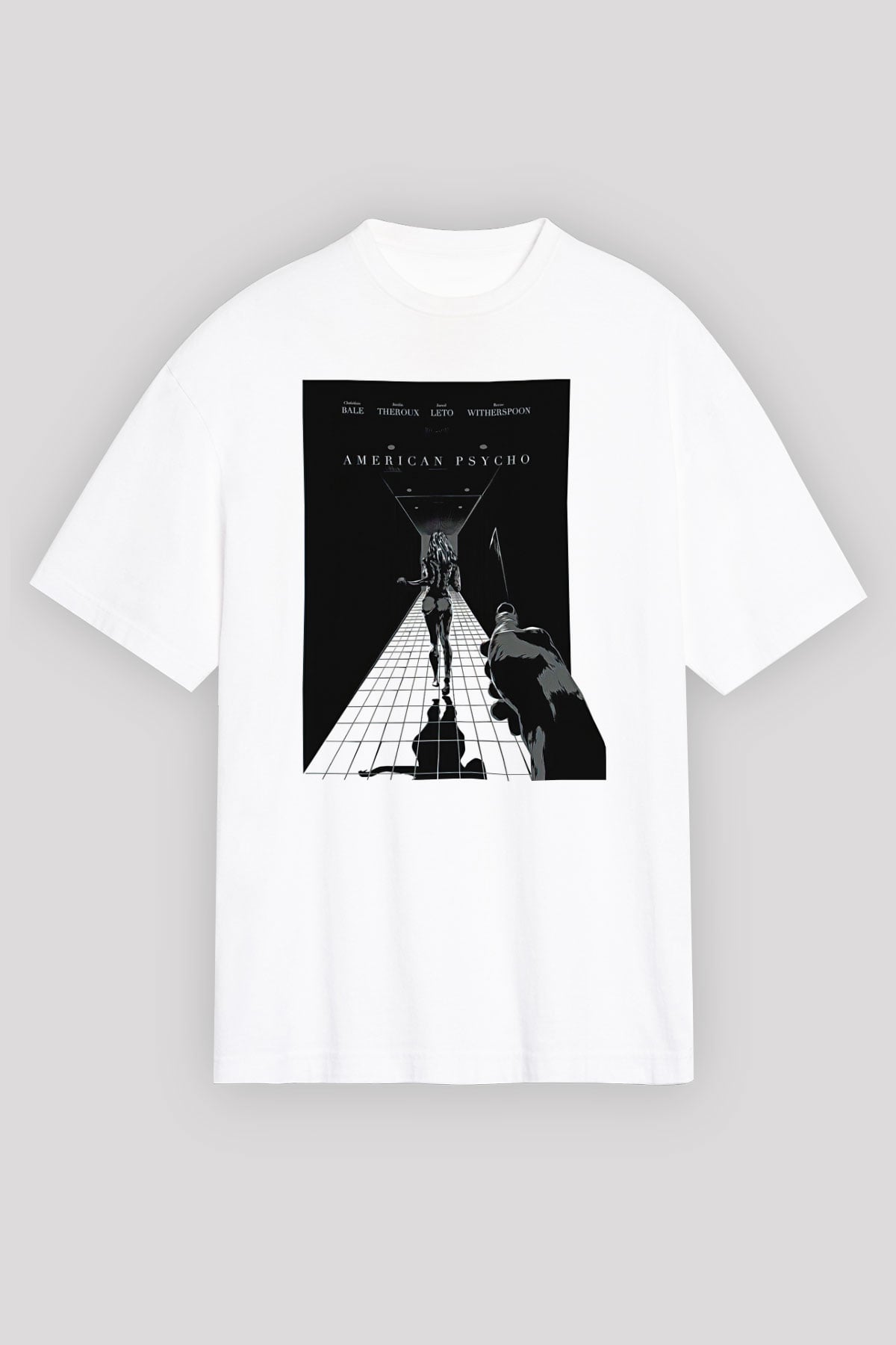 American Psycho Baskılı Beyaz Unisex Oversize Tişört - Tshirt