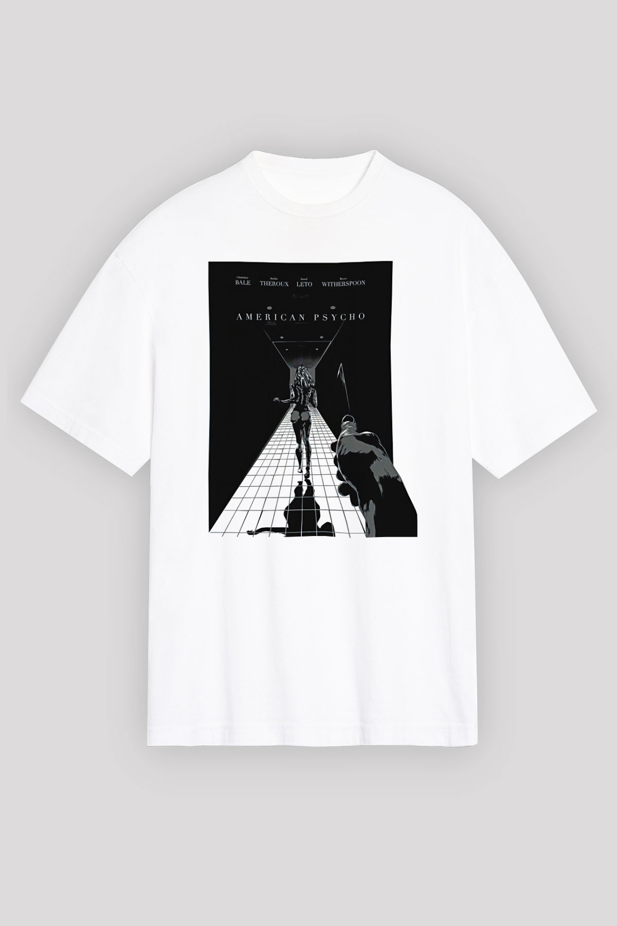 American Psycho Baskılı Beyaz Unisex Oversize Tişört - Tshirt