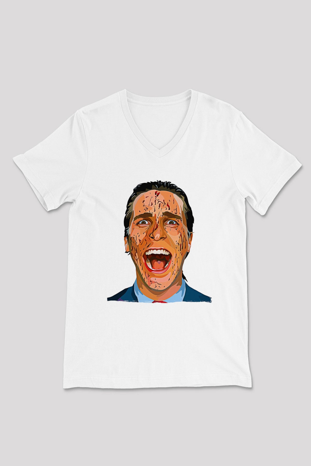 American Psycho Baskılı Beyaz Unisex V Yaka Tişört - Tshirt
