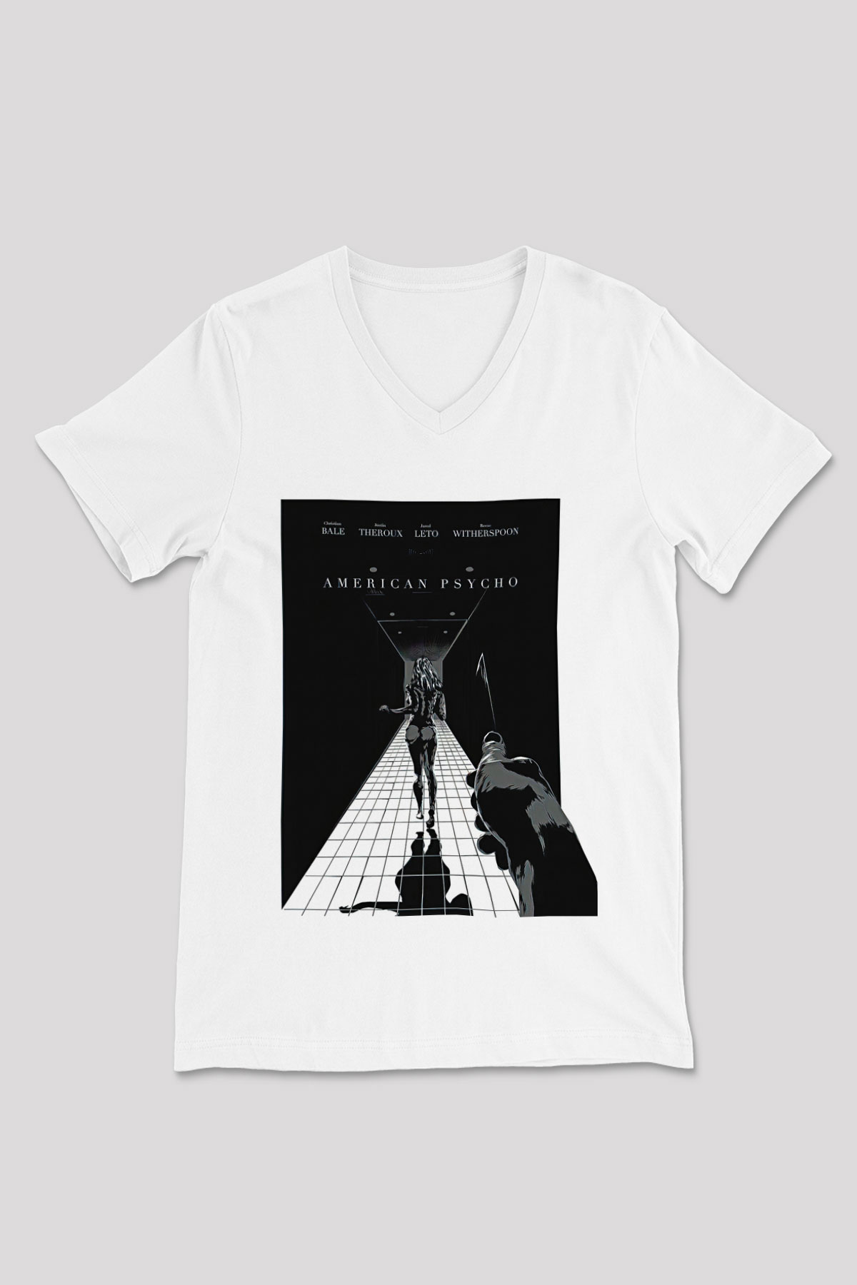 American Psycho Baskılı Beyaz Unisex V Yaka Tişört - Tshirt